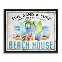 Stupell Industries Vintage Sun Sand & Surf Nautical & Beach Painting Black Floater Framed Canvas Art Print Wall Art, 21 x 17