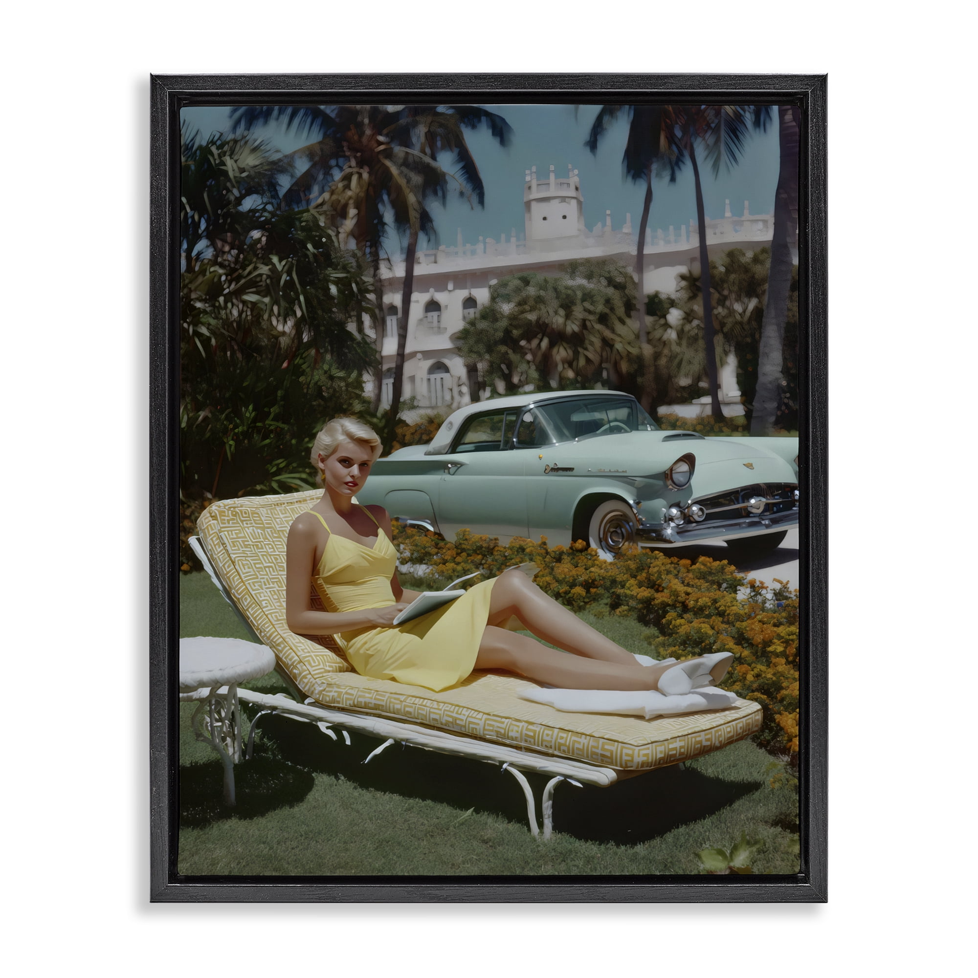 Stupell Industries Vintage Sunbathing Woman Black Framed Floater Canvas Wall Art, design by Franklyn Gregory