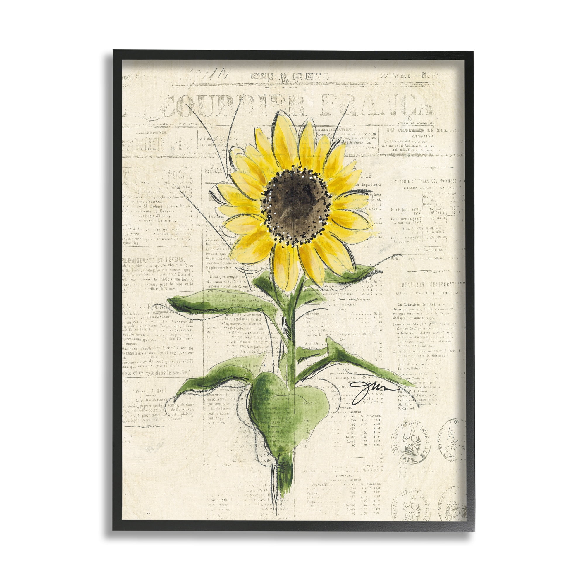 Stupell Industries Vintage Sunflower Painting Botanical & Floral Painting Black Framed Art Print Wall Art, 16 x 20