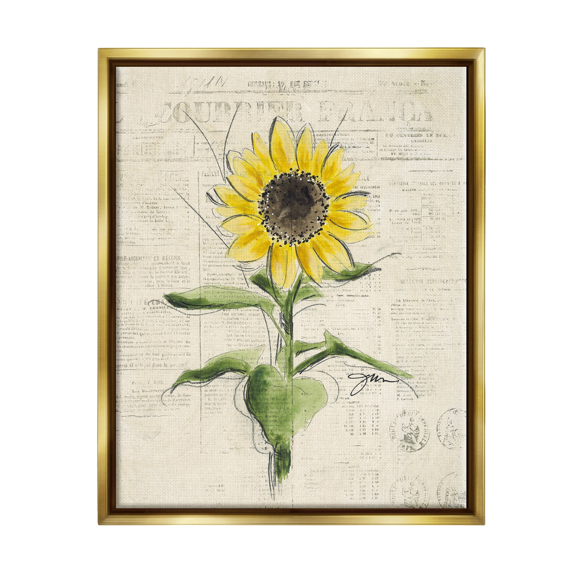 Stupell Industries Vintage Sunflower Painting Botanical & Floral Painting Gold Floater Framed Canvas Art Print Wall Art, 25 x 31