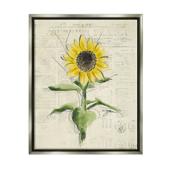 Stupell Industries Vintage Sunflower Painting Botanical & Floral Painting Gray Floater Framed Canvas Art Print Wall Art, 17 x 21