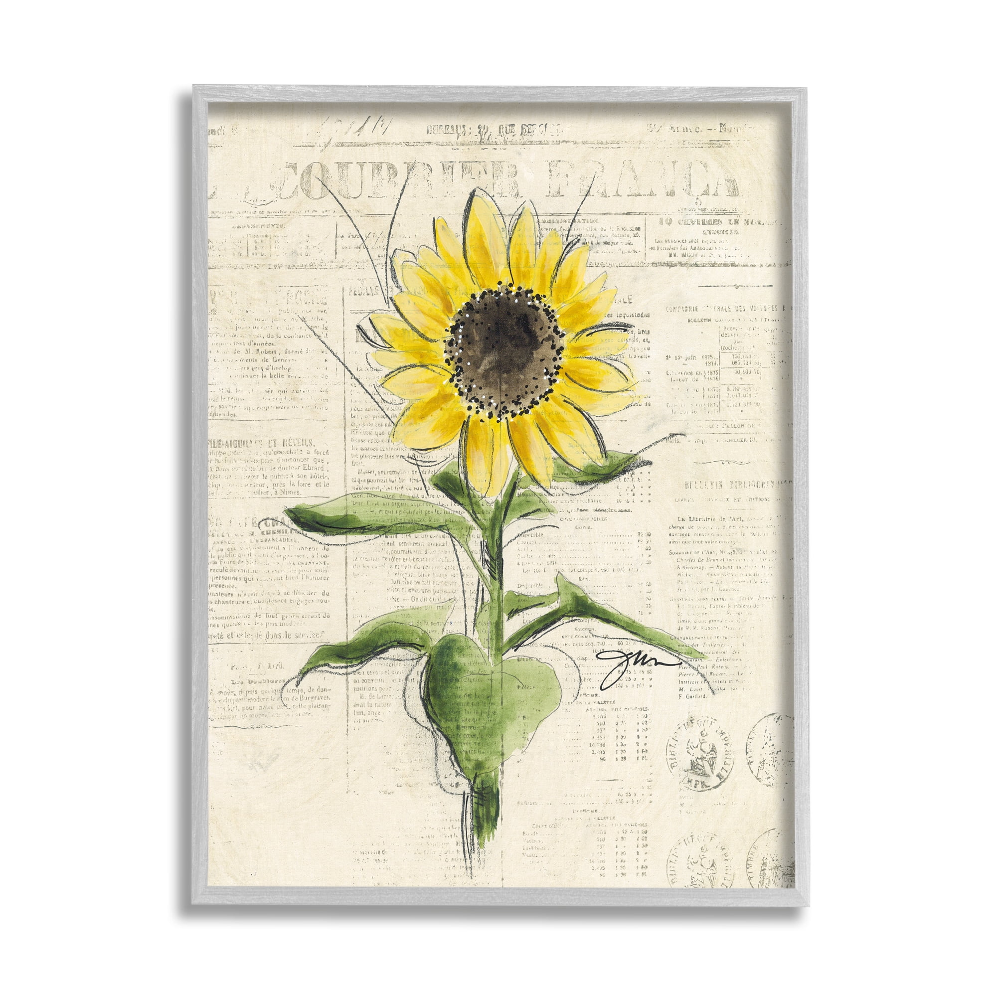 Stupell Industries Vintage Sunflower Painting Botanical & Floral Painting Gray Framed Art Print Wall Art, 16 x 20