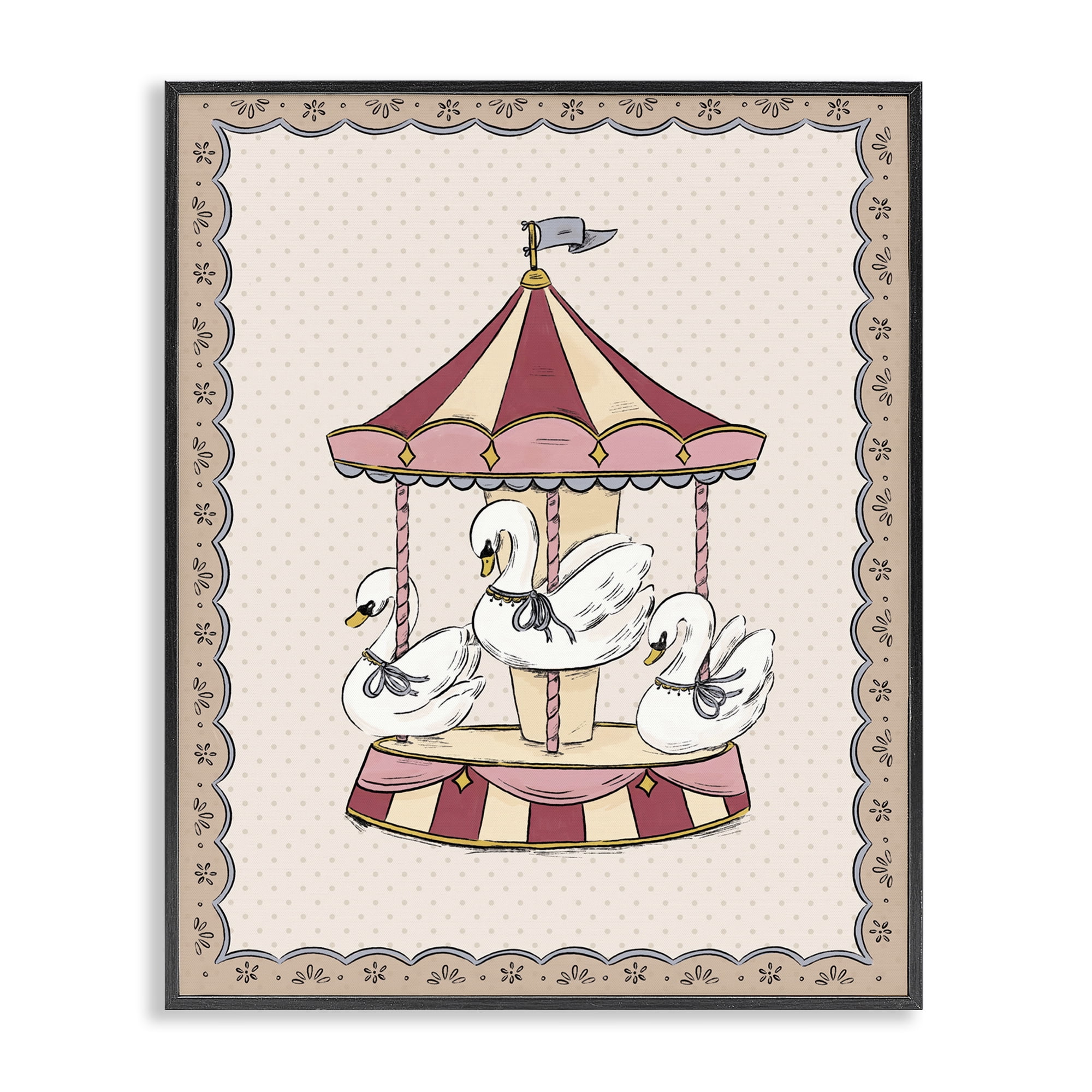 Stupell Industries Vintage Swan Carousel Animals Painting Black Framed Art Print Wall Art, 24 x 30