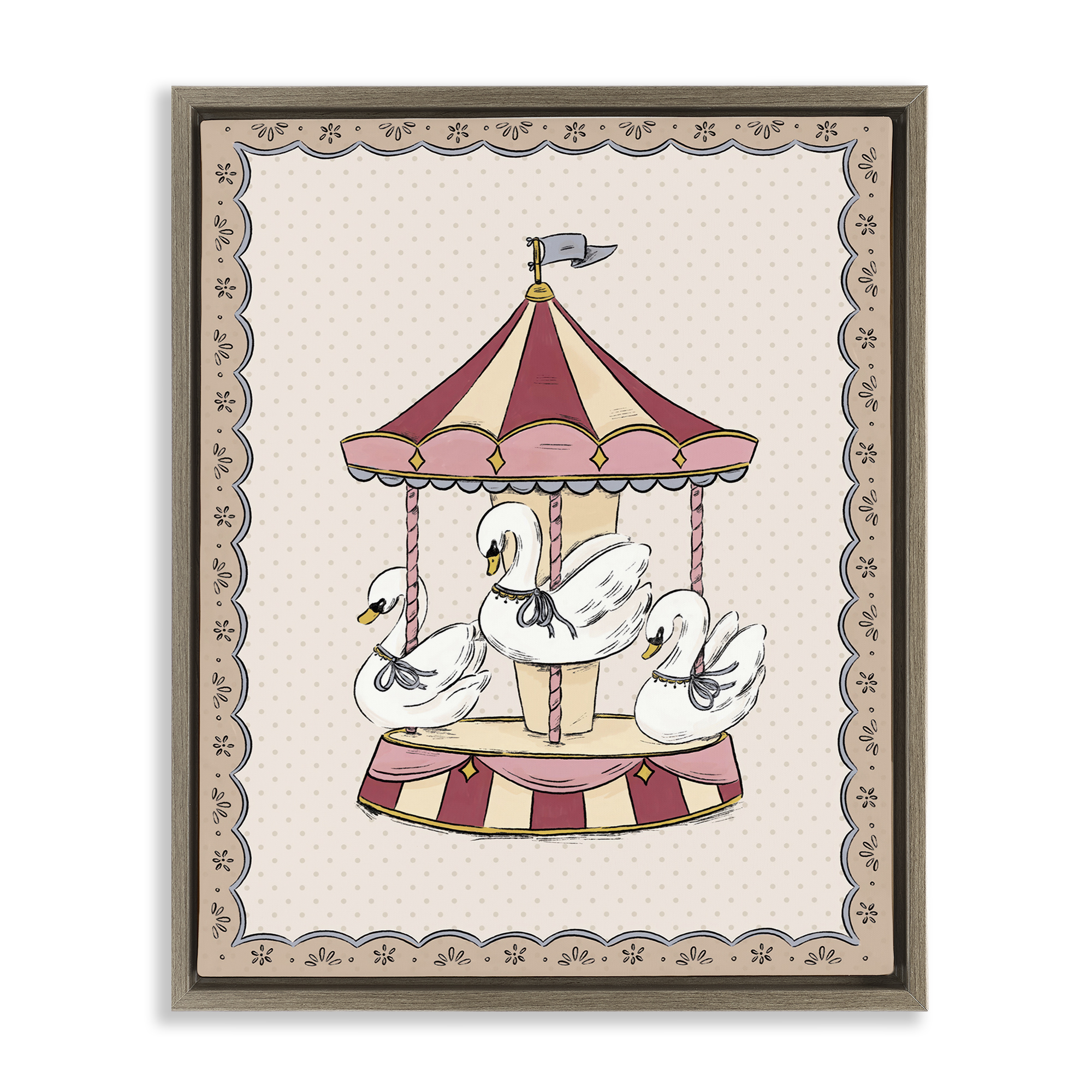 Stupell Industries Vintage Swan Carousel Animals Painting Brown Floater Framed Canvas Art Print Wall Art, 25 x 31