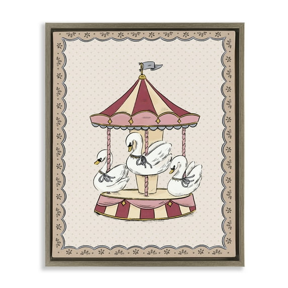 Stupell Industries Vintage Swan Carousel Animals Painting Brown Floater Framed Canvas Art Print Wall Art, 25 x 31