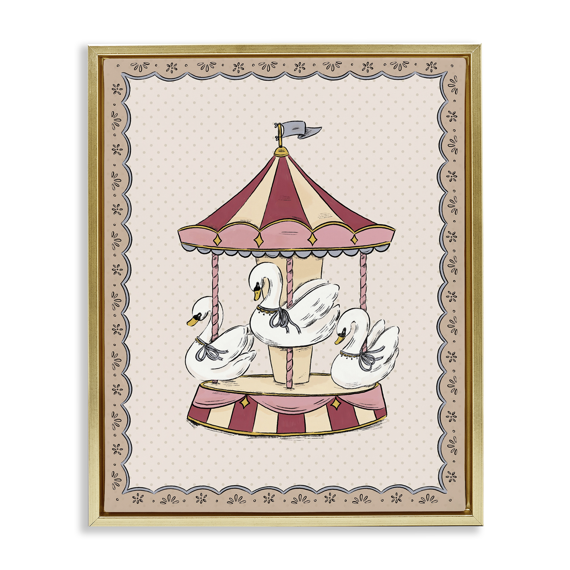 Stupell Industries Vintage Swan Carousel Animals Painting Gold Floater Framed Canvas Art Print Wall Art, 17 x 21