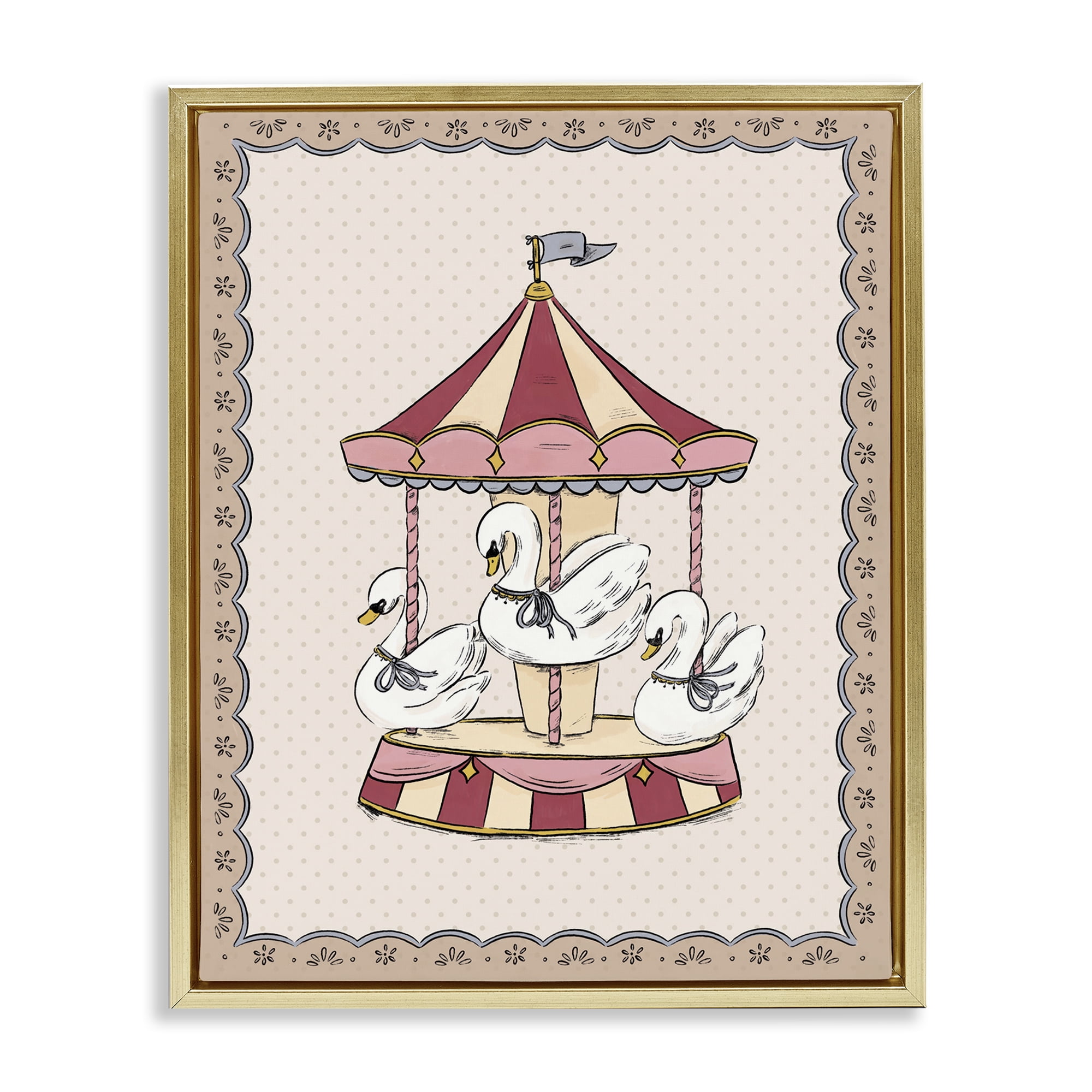 Stupell Industries Vintage Swan Carousel Animals Painting Gold Floater Framed Canvas Art Print Wall Art, 25 x 31
