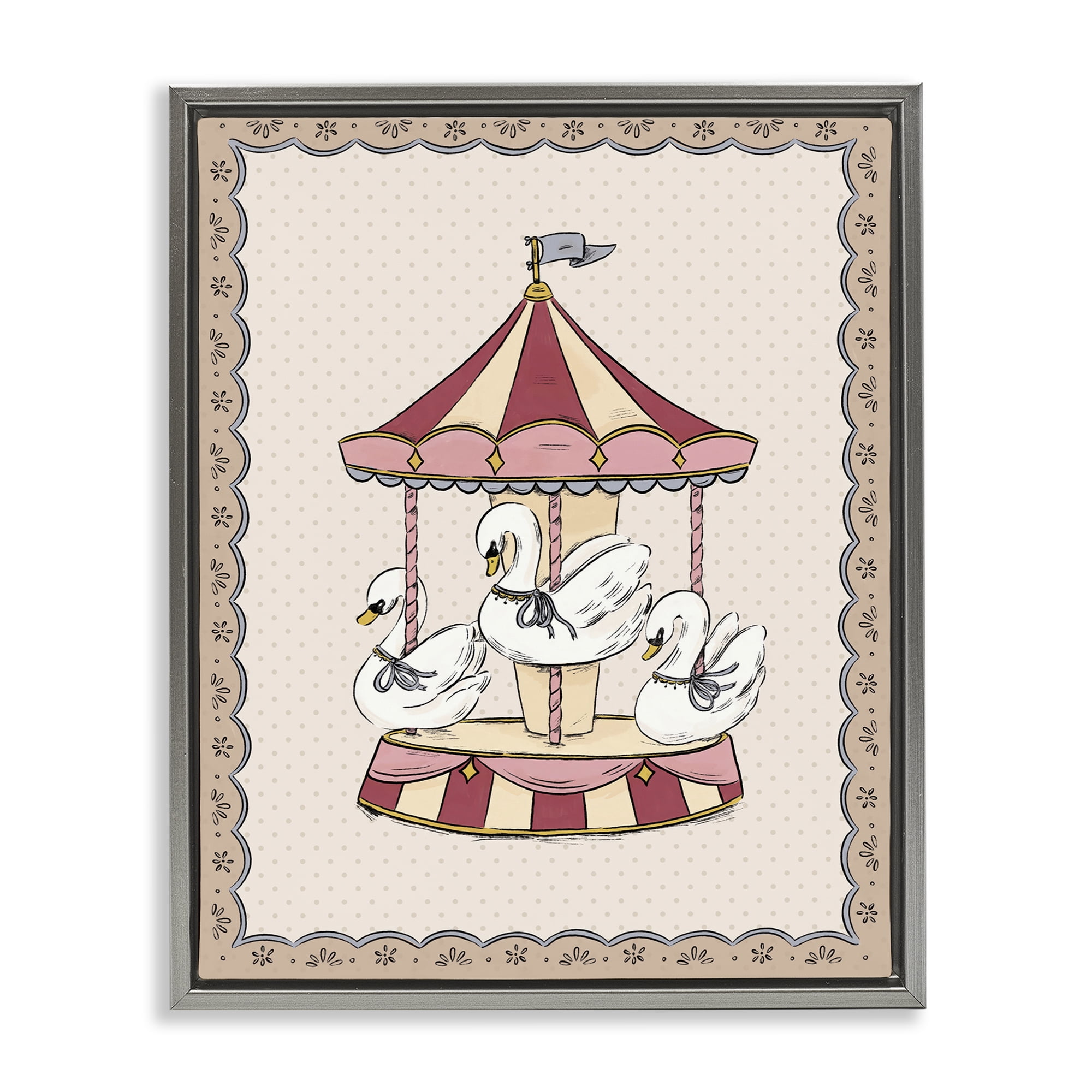Stupell Industries Vintage Swan Carousel Animals Painting Gray Floater Framed Canvas Art Print Wall Art, 17 x 21