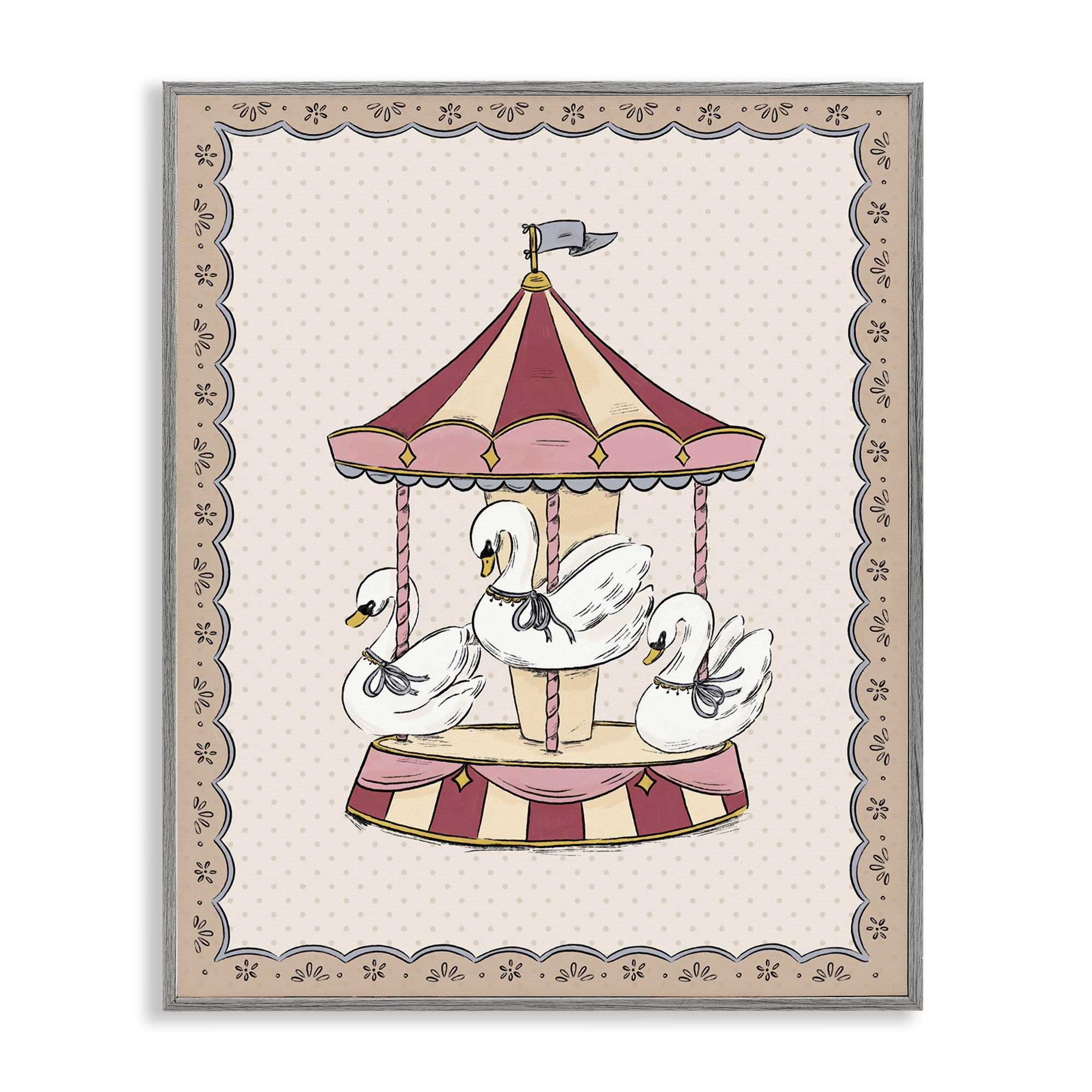 Stupell Industries Vintage Swan Carousel Animals Painting Gray Framed Art Print Wall Art, 24 x 30