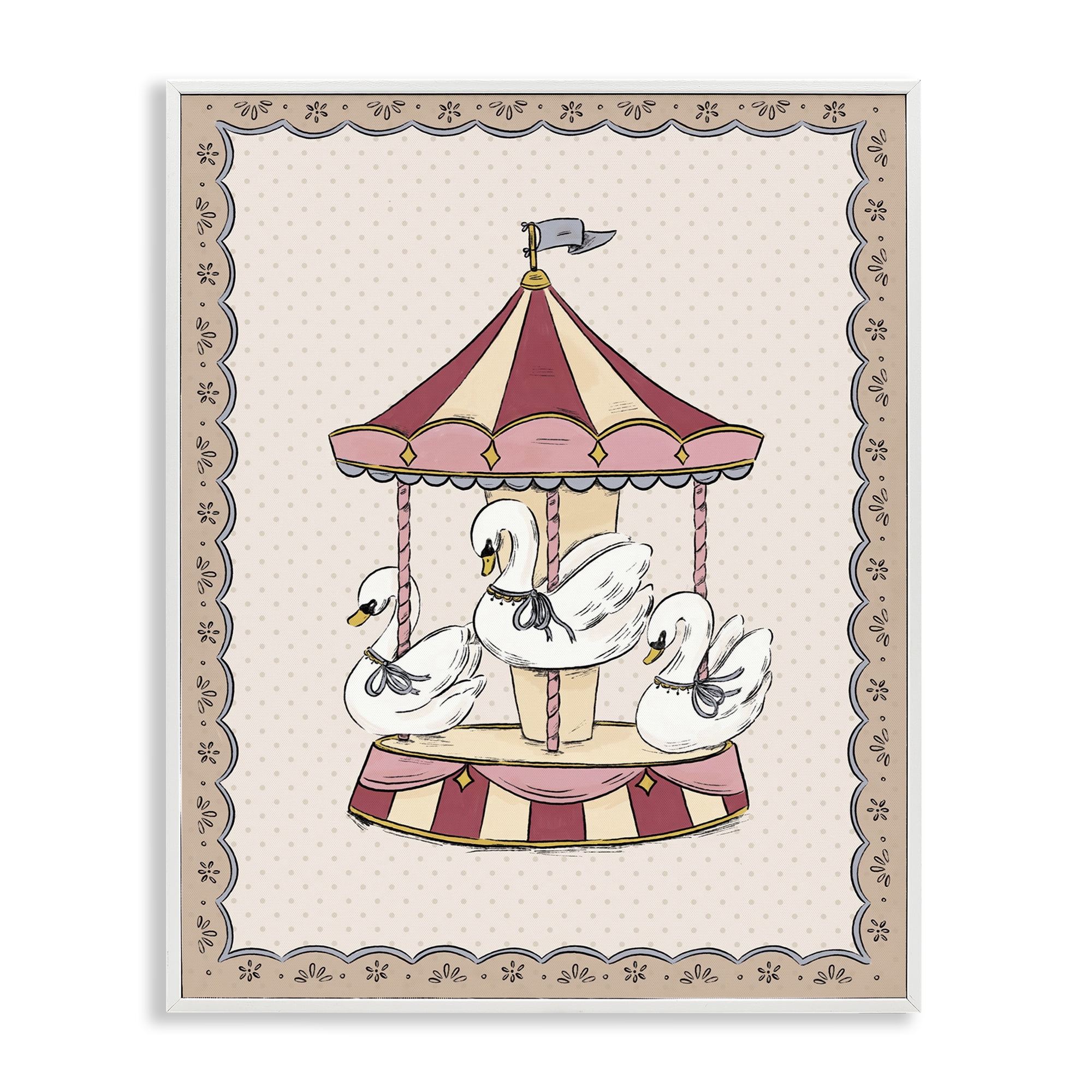 Stupell Industries Vintage Swan Carousel Animals Painting White Framed Art Print Wall Art, 11 x 14