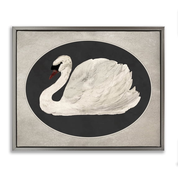 Stupell Industries Vintage Swan in Rounded Oval Animals Painting Gray Floater Framed Canvas Art Print Wall Art, 21 x 17