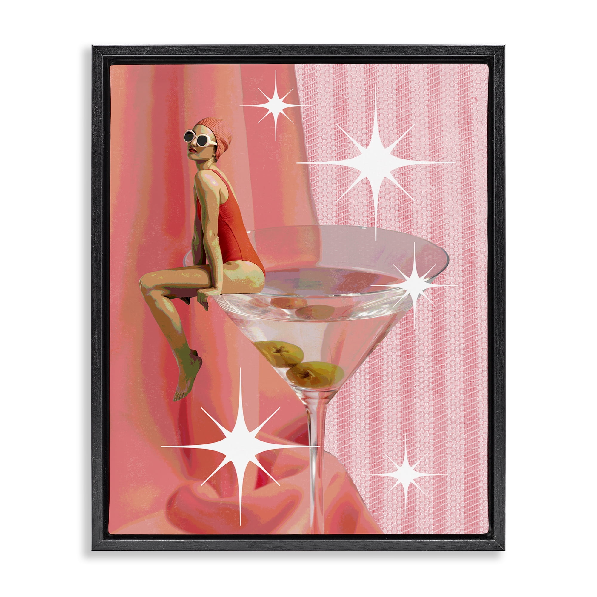 Stupell Industries Vintage Swimmer on Drink Food & Beverage Painting Black Floater Framed Canvas Art Print Wall Art, 25 x 31