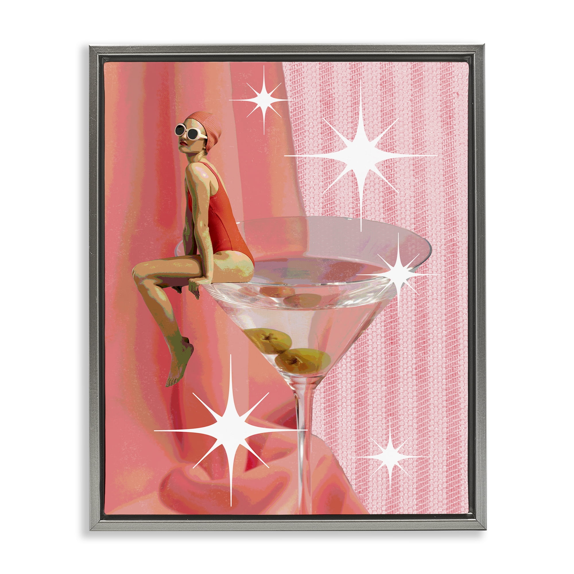 Stupell Industries Vintage Swimmer on Drink Food & Beverage Painting Gray Floater Framed Canvas Art Print Wall Art, 25 x 31