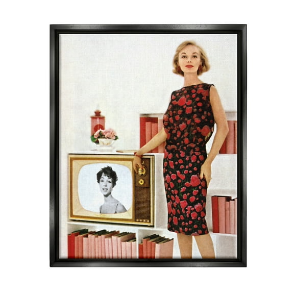 Stupell Industries Vintage TV Advertisement Woman Beauty & Fashion Painting Black Floater Framed Art Print Wall Art