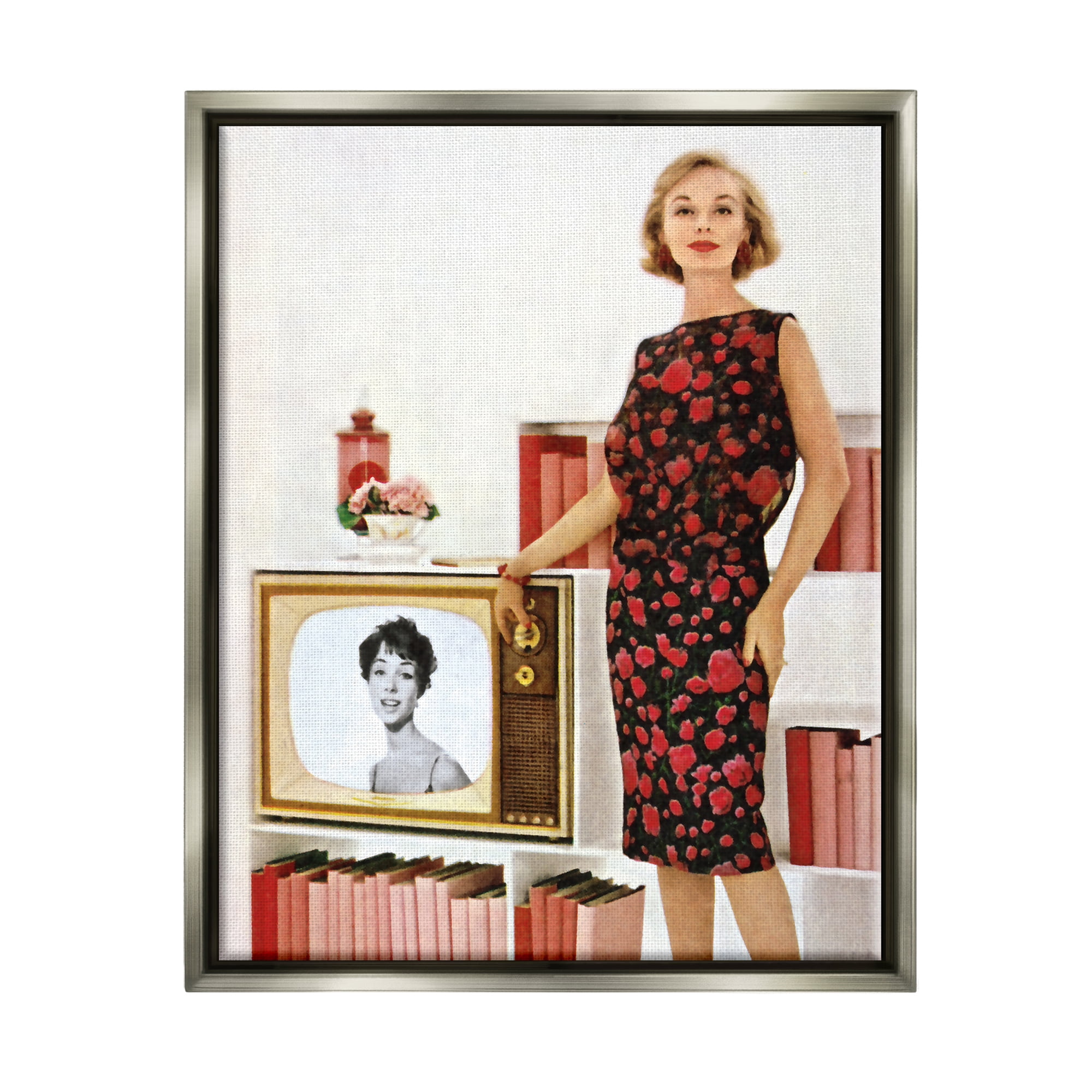 Stupell Industries Vintage TV Advertisement Woman Beauty & Fashion Painting Gray Floater Framed Art Print Wall Art