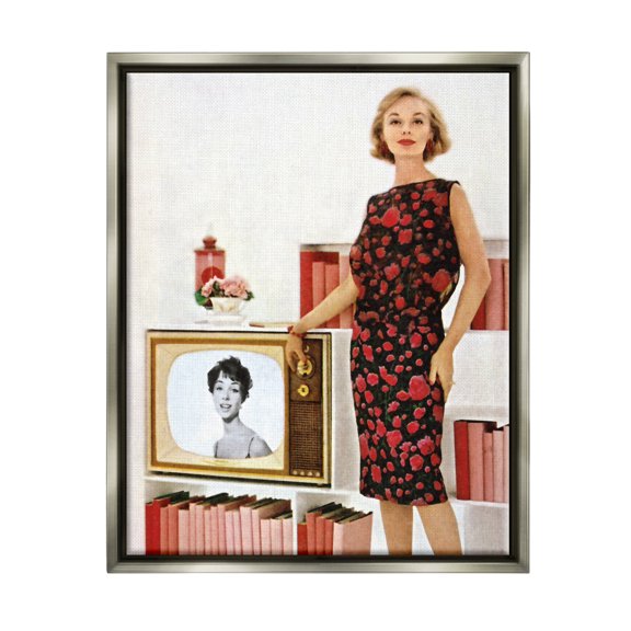 Stupell Industries Vintage TV Advertisement Woman Beauty & Fashion Painting Gray Floater Framed Art Print Wall Art