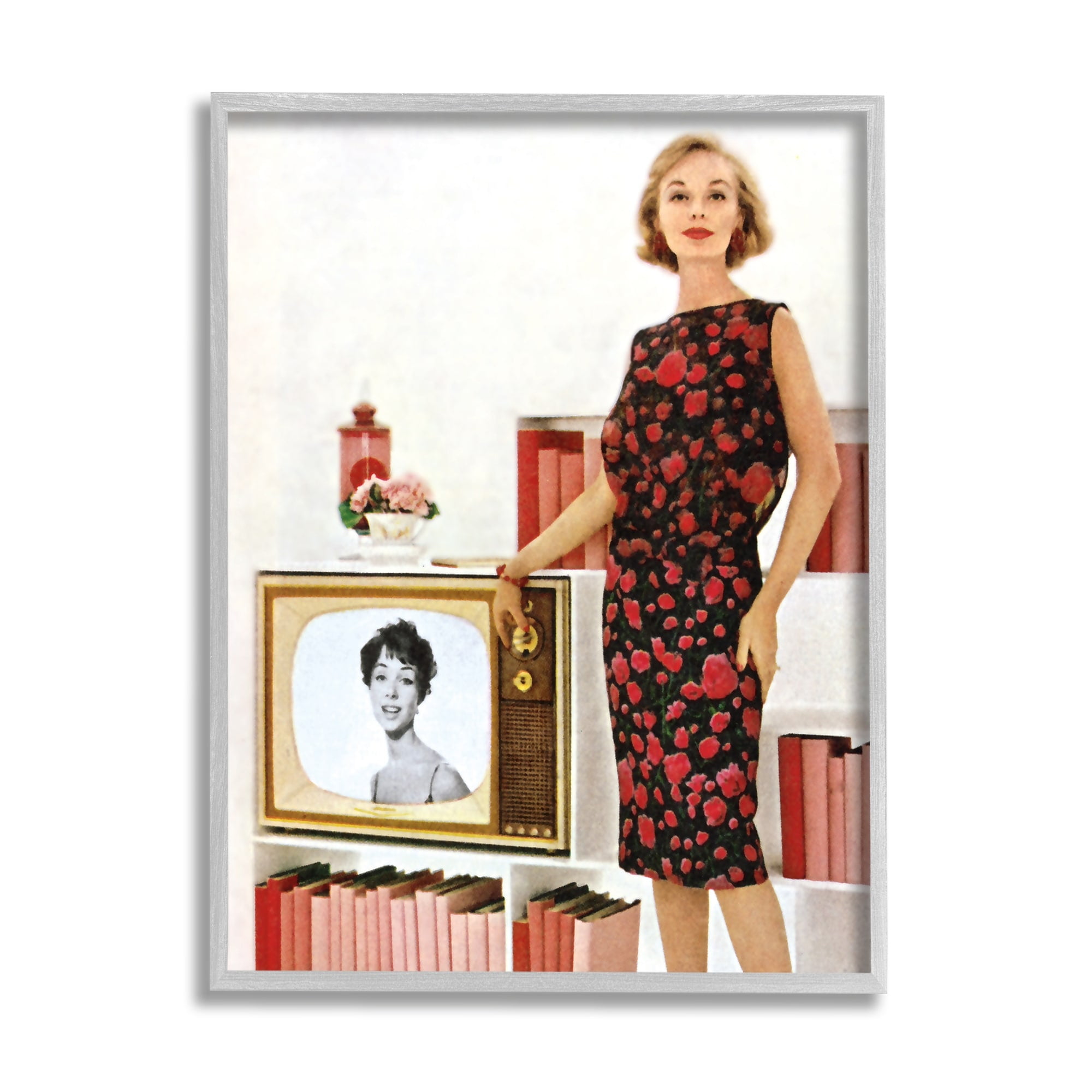 Stupell Industries Vintage TV Advertisement Woman Beauty & Fashion Painting Gray Framed Art Print Wall Art