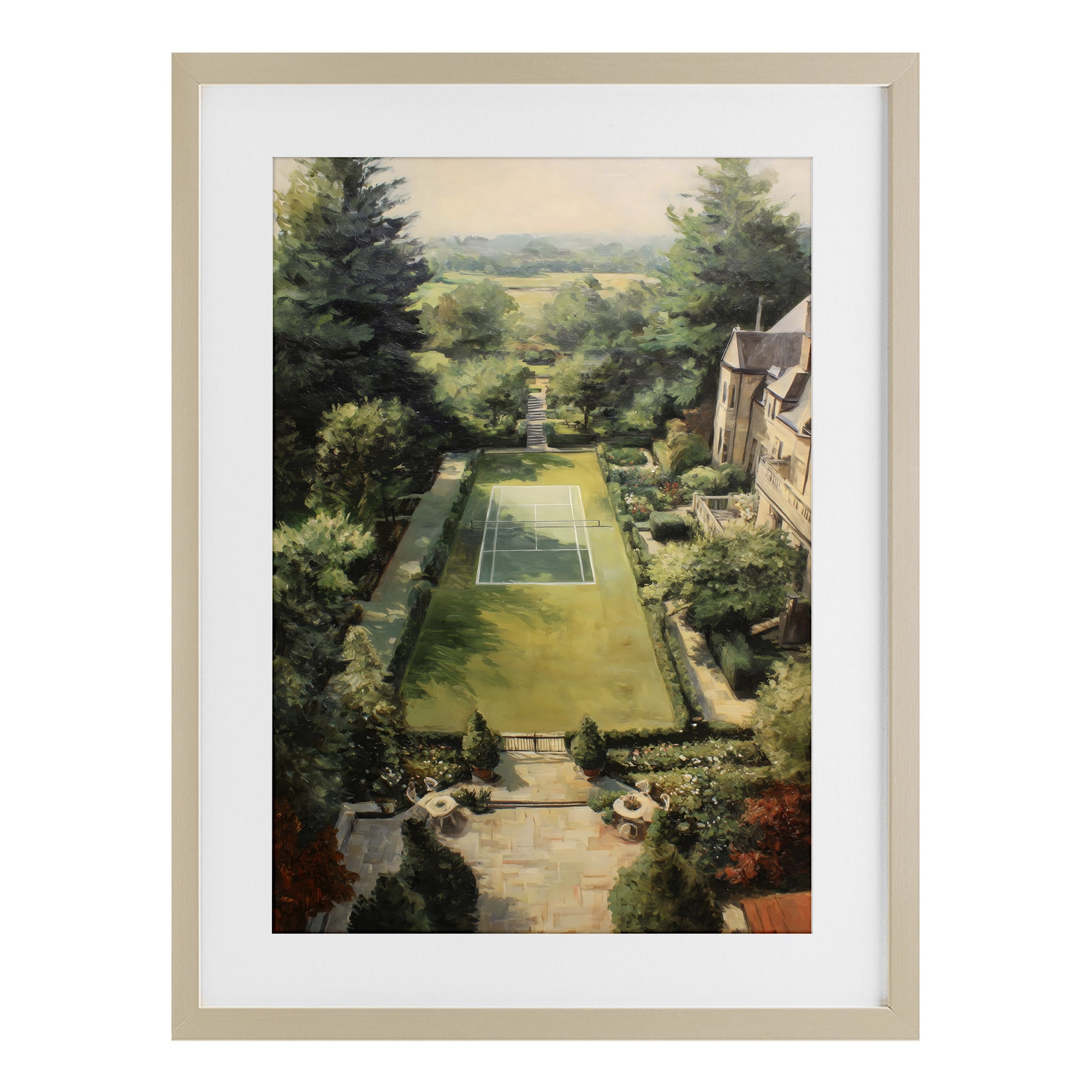 Stupell Industries Vintage Tennis At The Manor Birch Framed Print Under Glass, design by Petal Prints Design