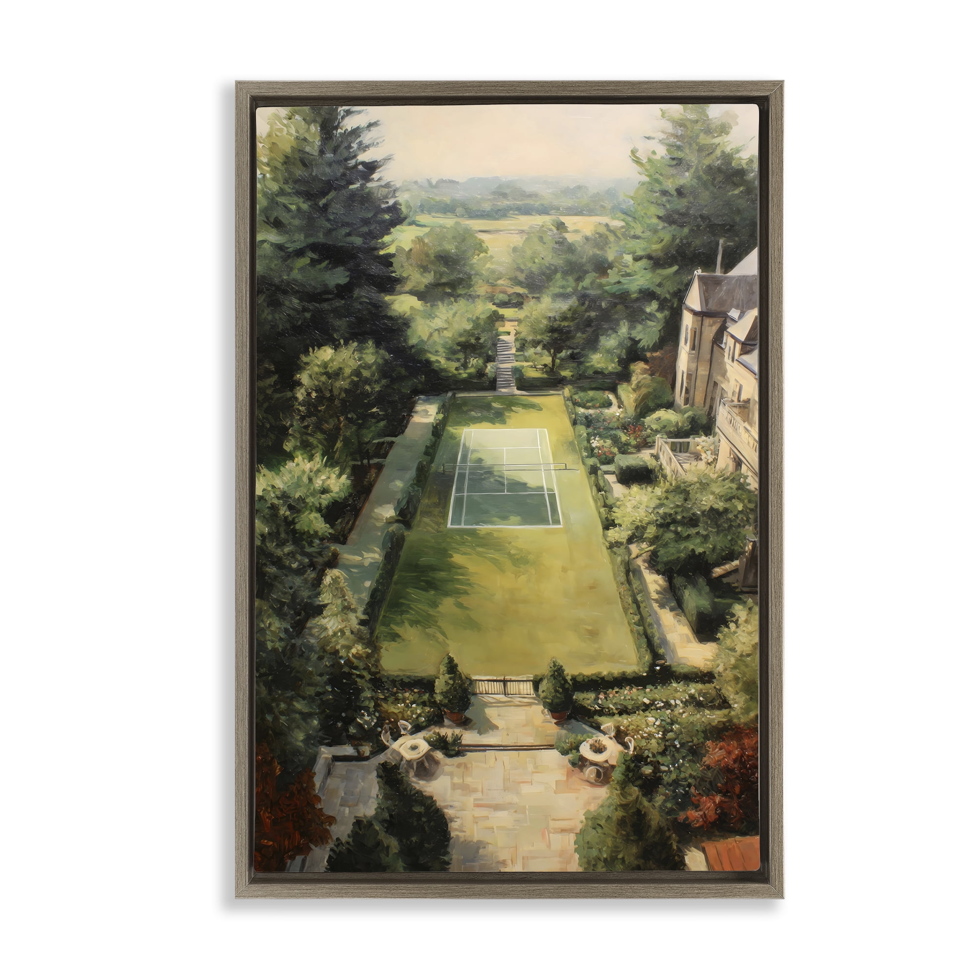 Stupell Industries Vintage Tennis At The Manor Brown Framed Floater Canvas Wall Art, design by Petal Prints Design