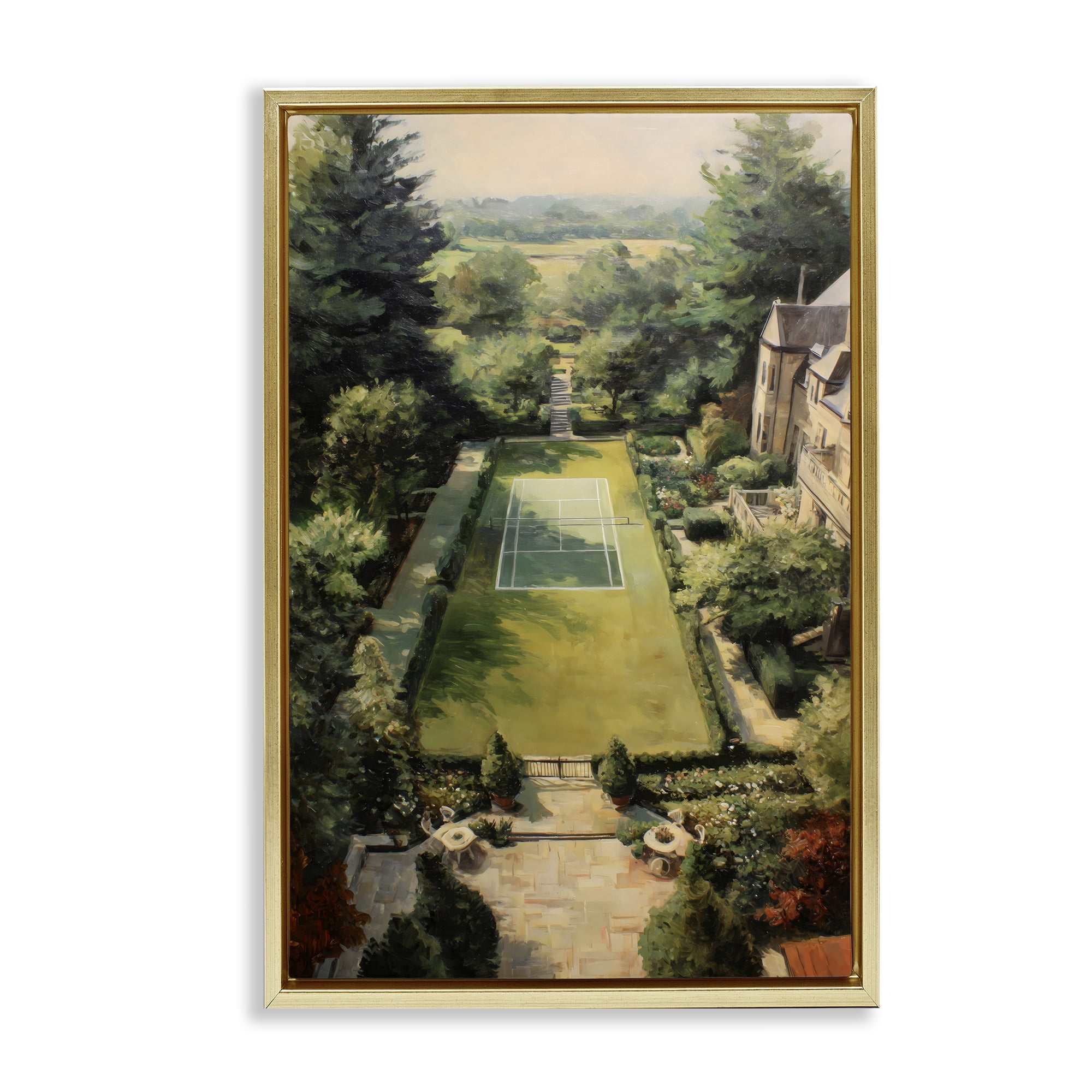 Stupell Industries Vintage Tennis At The Manor Gold Framed Floater Canvas Wall Art, design by Petal Prints Design
