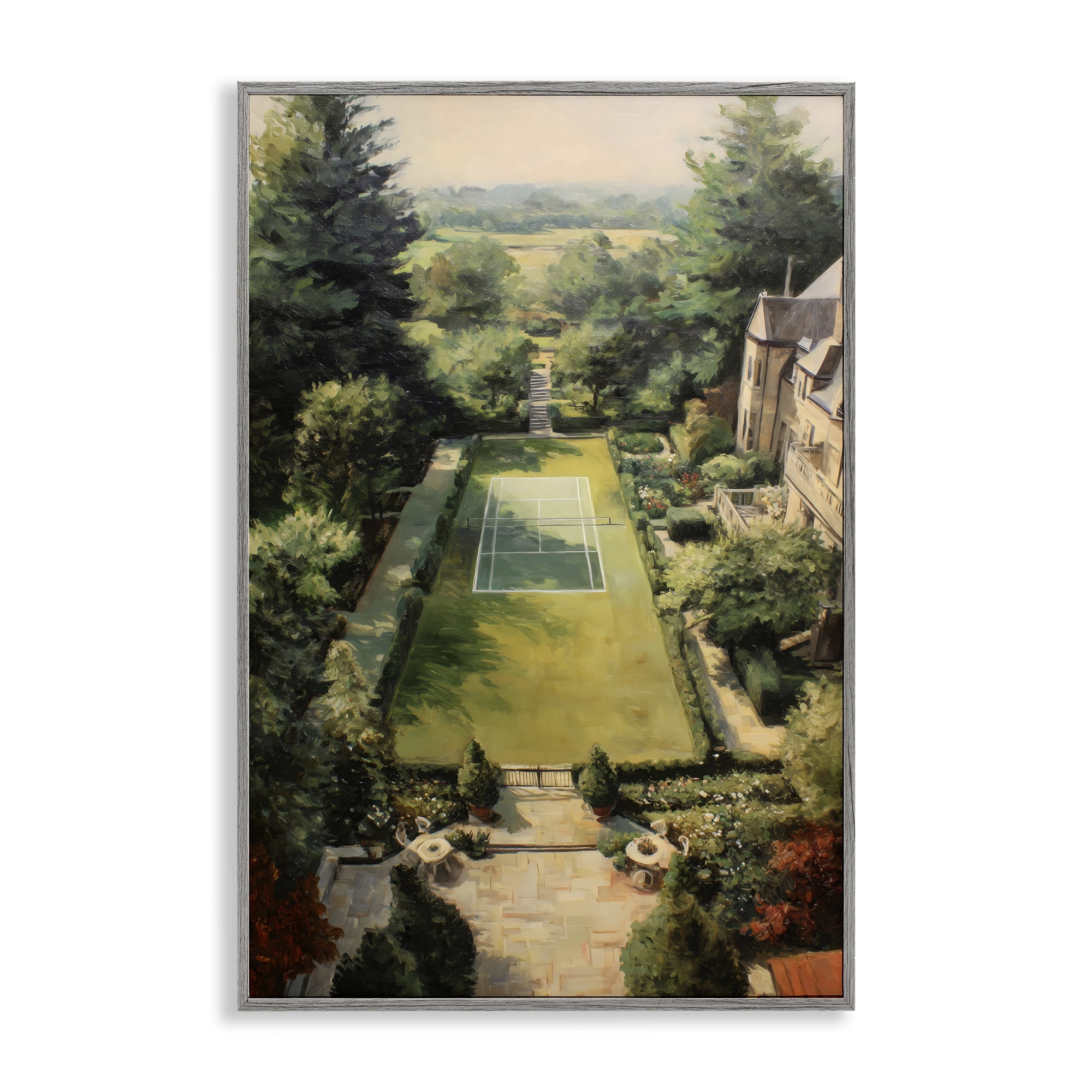 Stupell Industries Vintage Tennis At The Manor Gray Framed Giclee Art, design by Petal Prints Design