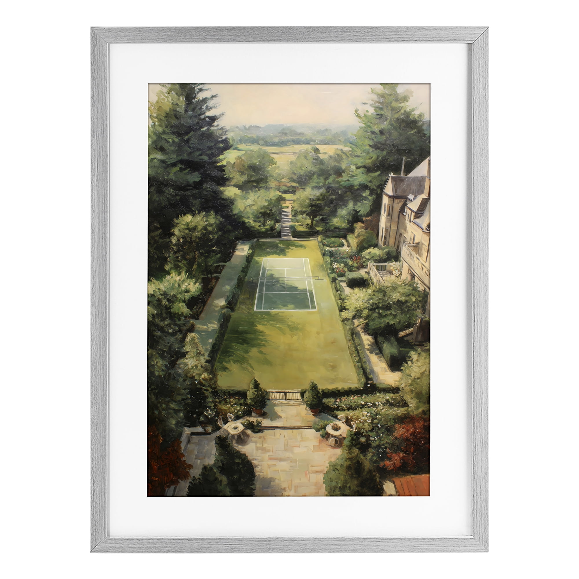 Stupell Industries Vintage Tennis At The Manor Gray Framed Print Under Glass, design by Petal Prints Design