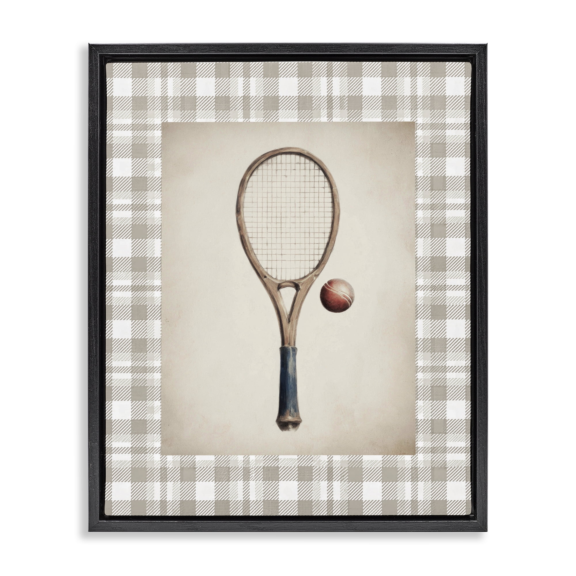 Stupell Industries Vintage Tennis Racket & Ball Black Framed Floater Canvas Wall Art, design by Sisi and Seb