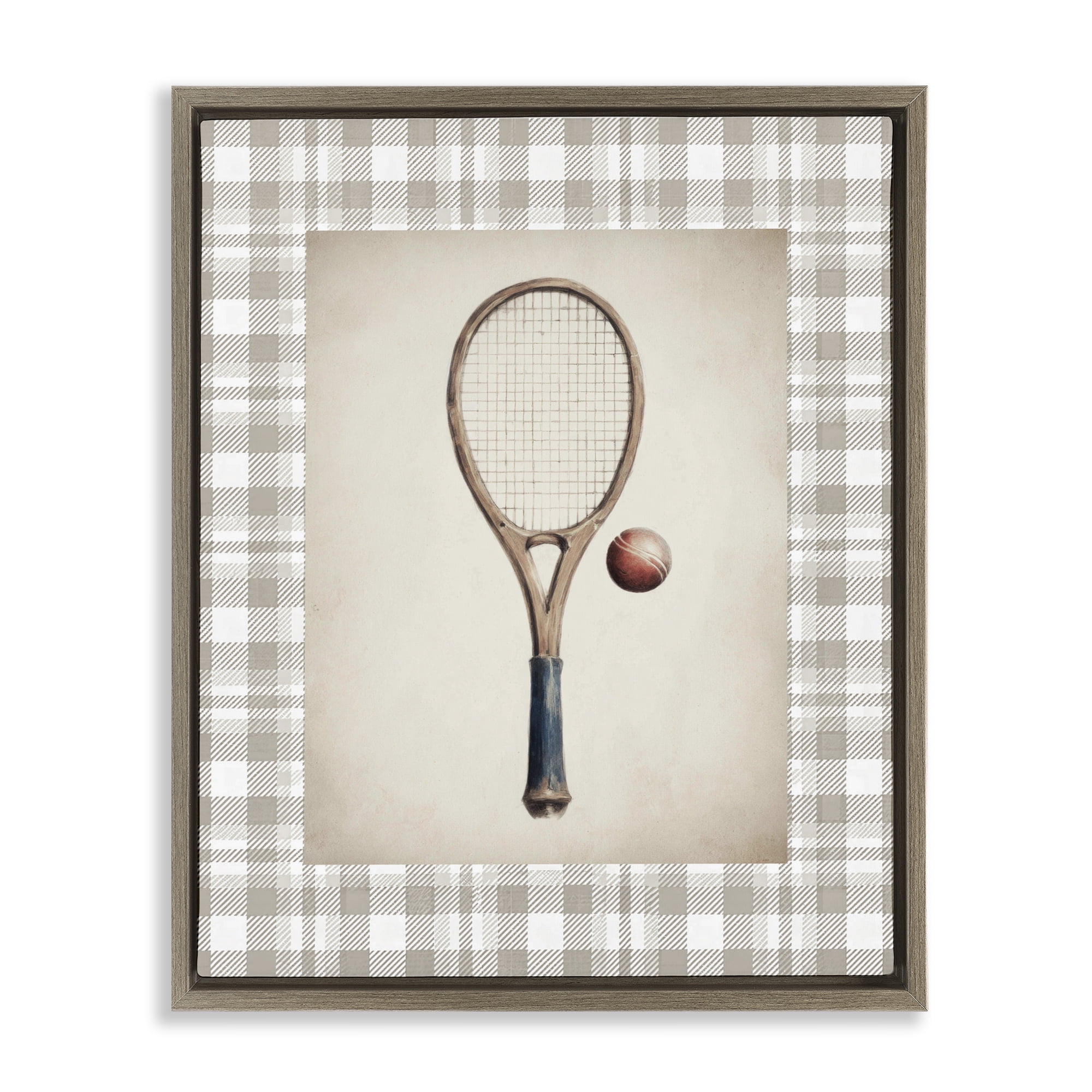 Stupell Industries Vintage Tennis Racket & Ball Brown Framed Floater Canvas Wall Art, design by Sisi and Seb