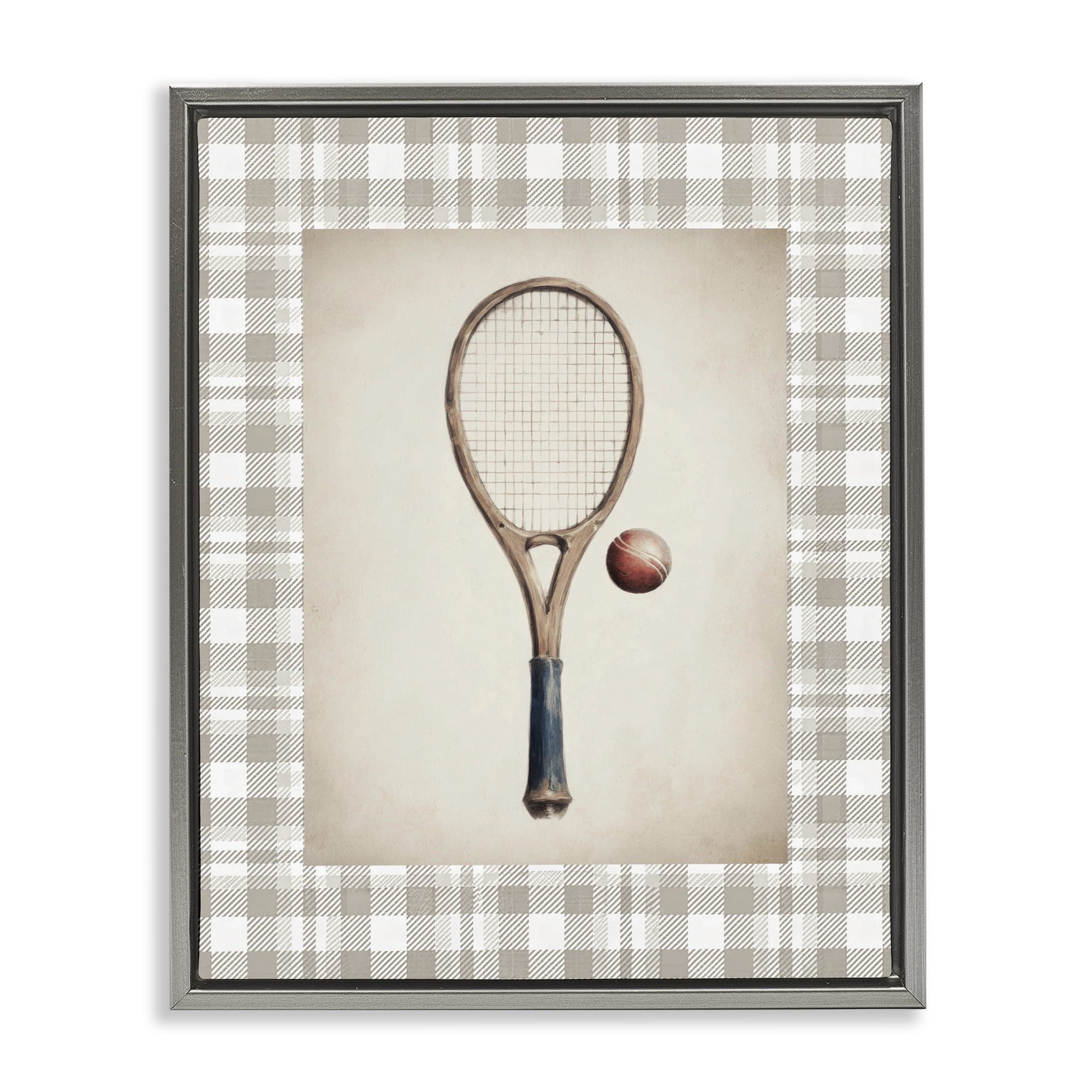 Stupell Industries Vintage Tennis Racket & Ball Gray Framed Floater Canvas Wall Art, design by Sisi and Seb