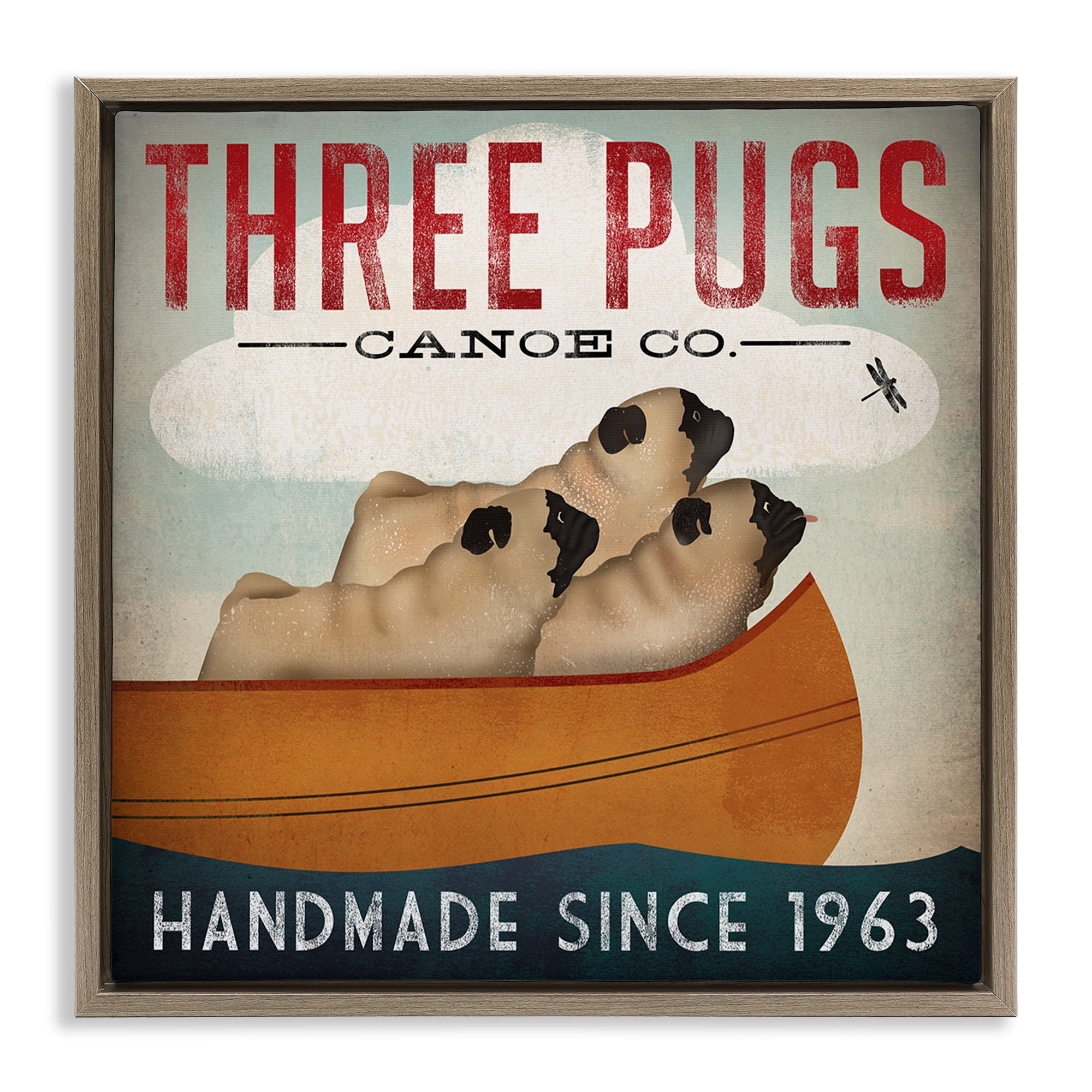 Stupell Industries Vintage Three Pugs in Canoe Animals & Insects Painting Brown Floater Framed Canvas Art Print Wall Art, 18 x 18