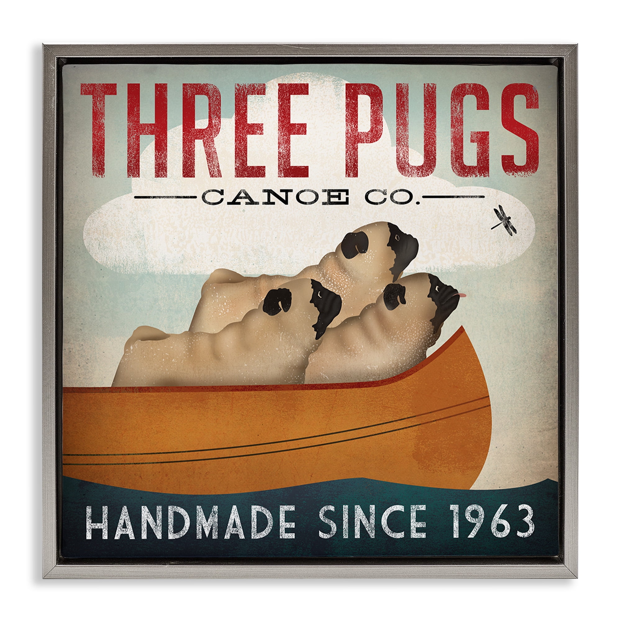 Stupell Industries Vintage Three Pugs in Canoe Animals & Insects Painting Gray Floater Framed Canvas Art Print Wall Art, 25 x 25