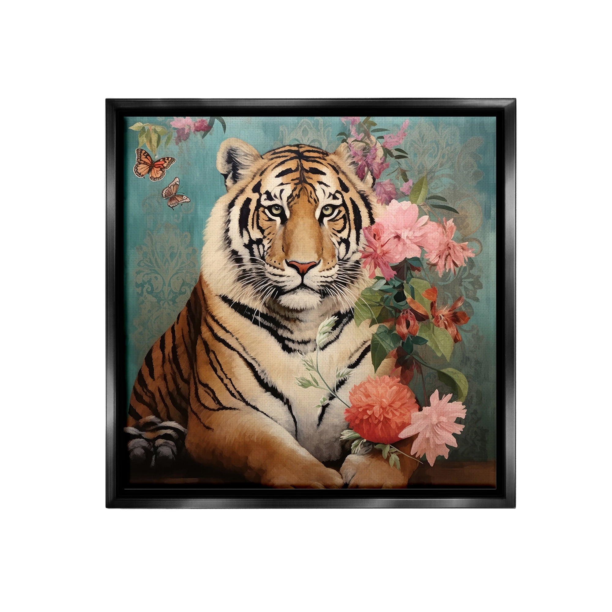 Stupell Industries Vintage Tiger & Bouquet Animals & Insects Painting Black Floater Framed Canvas Art Print Wall Art, 25 x 25