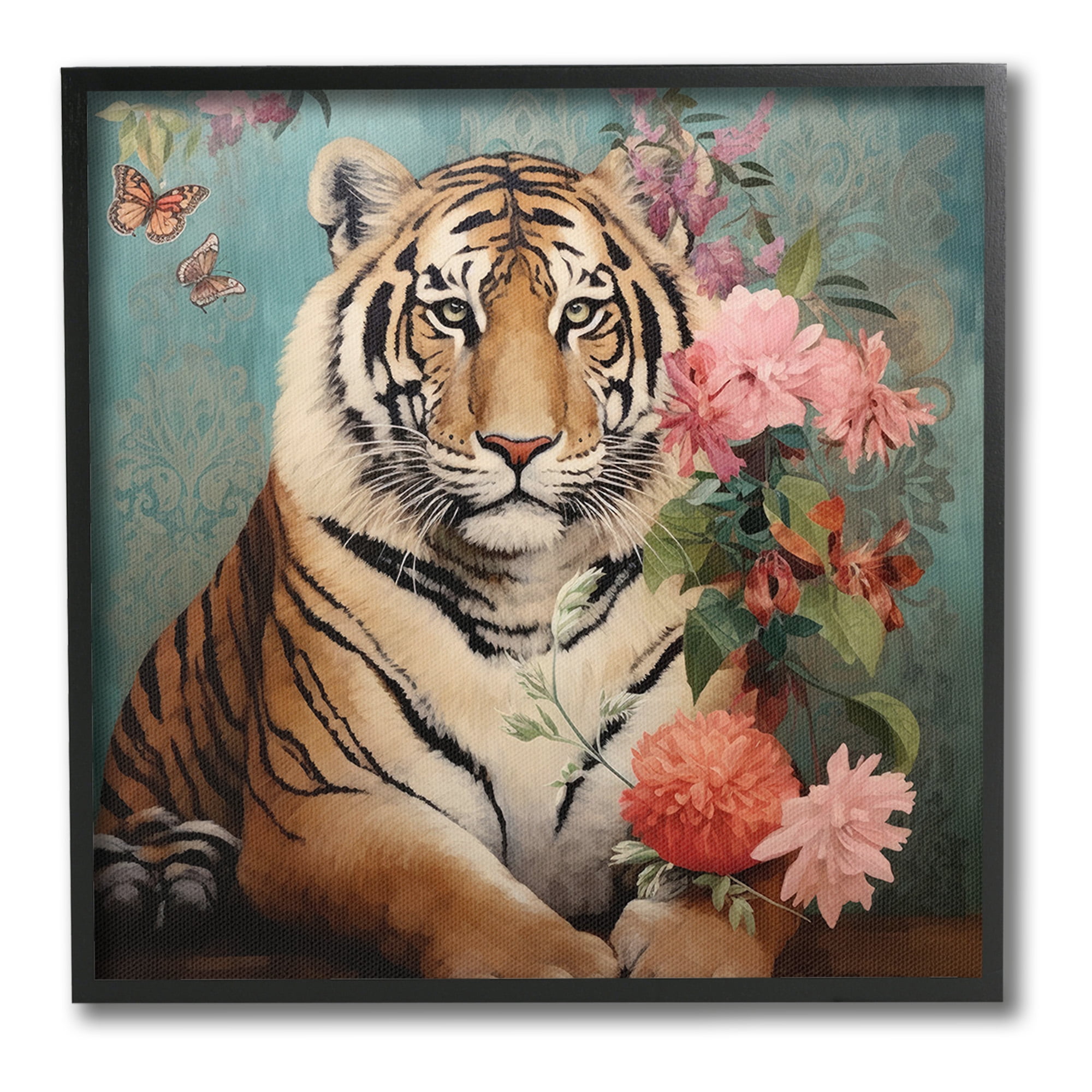 Stupell Industries Vintage Tiger & Bouquet Animals & Insects Painting Black Framed Art Print Wall Art, 24 x 24