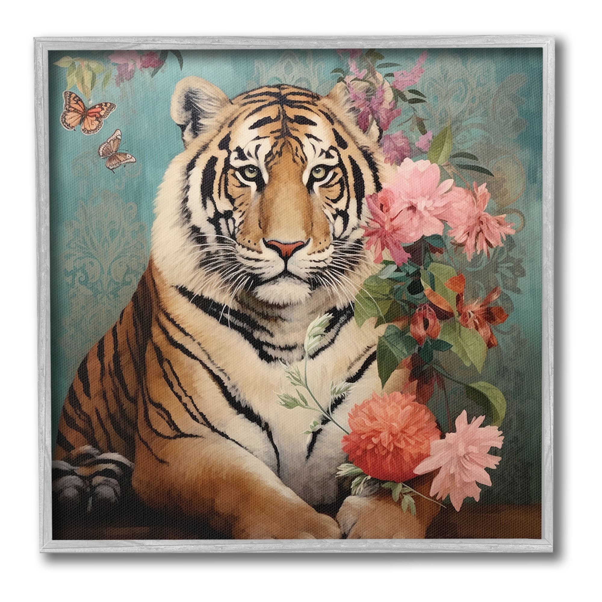 Stupell Industries Vintage Tiger & Bouquet Animals & Insects Painting Gray Framed Art Print Wall Art, 17 x 17