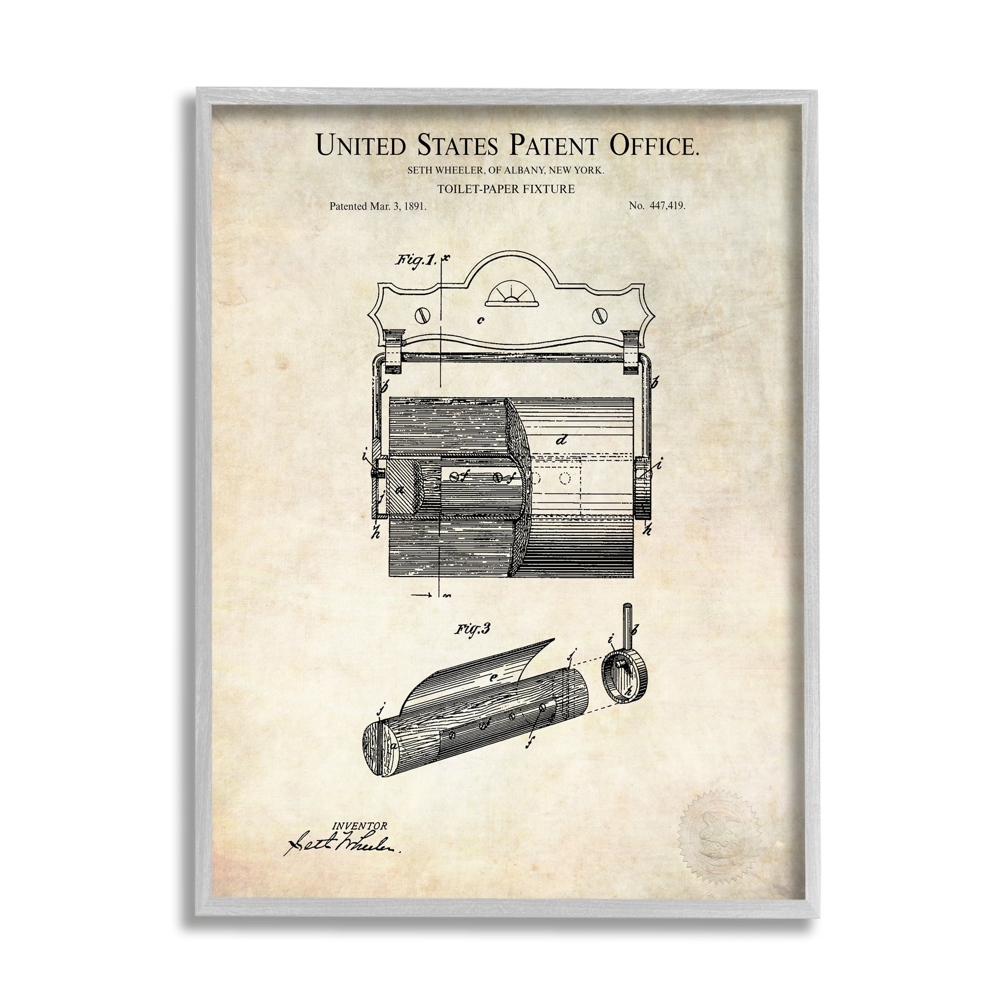 Stupell Industries Vintage Toilet Paper Fixture Detailed Technical Diagram Text Framed Wall Art, 11 x 14, Design by Karl Hronek