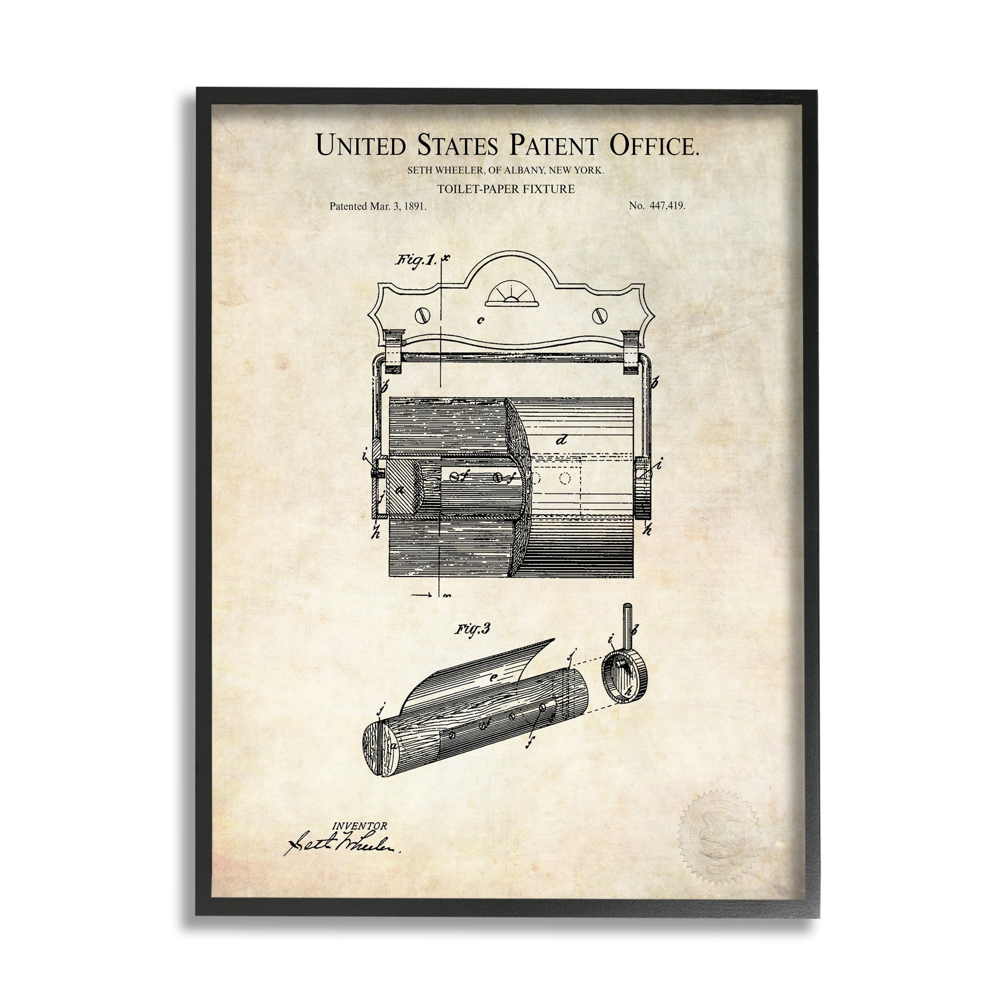 Stupell Industries Vintage Toilet Paper Fixture Detailed Technical Diagram Text Framed Wall Art, 24 x 30, Design by Karl Hronek