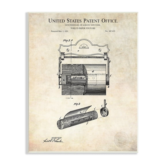 Stupell Industries Vintage Toilet Paper Fixture Detailed Technical Diagram Text Wood Wall Art, 10 x 15, Design by Karl Hronek