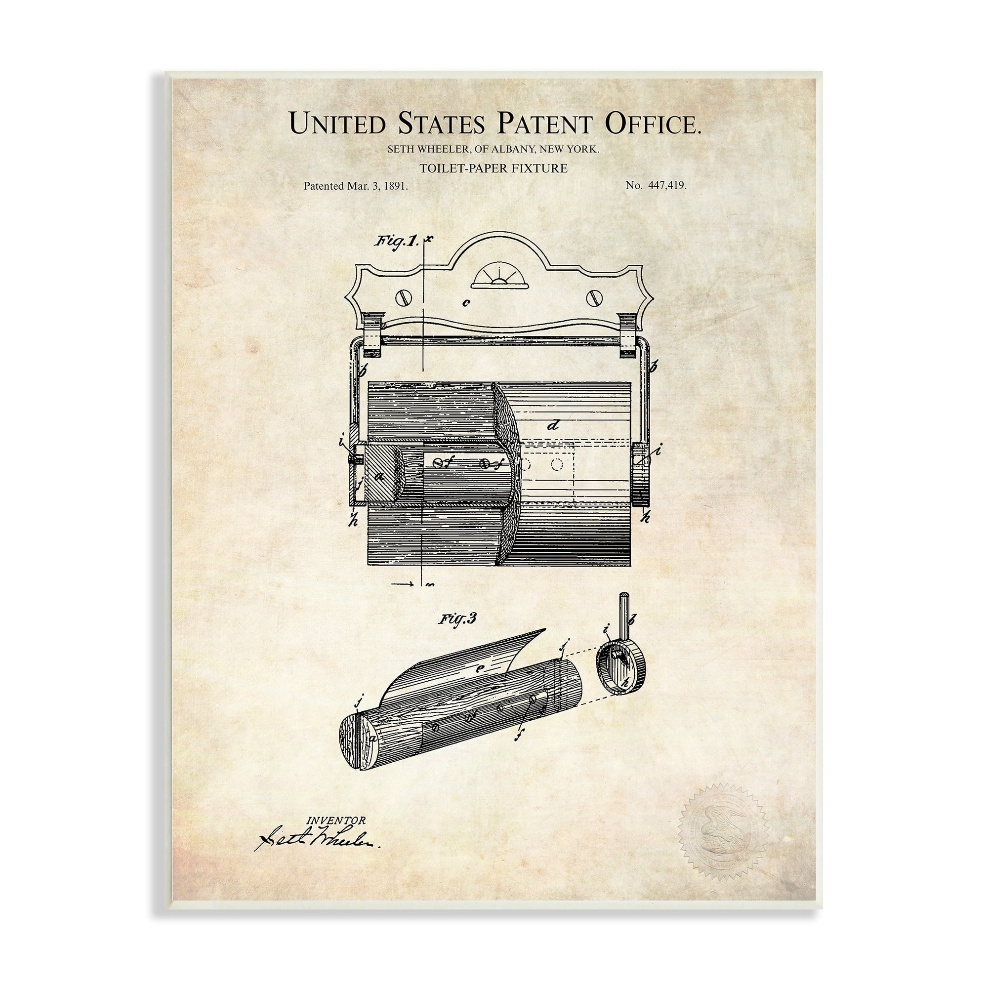 Stupell Industries Vintage Toilet Paper Fixture Detailed Technical Diagram Text Wood Wall Art, 13 x 19, Design by Karl Hronek