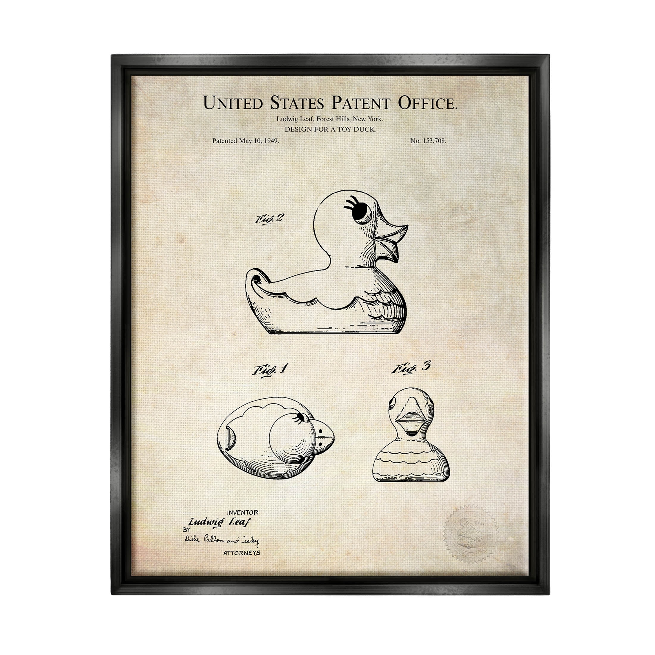 Stupell Industries Vintage Toy Duck Diagram Graphic Art Jet Black Floating Framed Canvas Print Wall Art, Design by Karl Hronek