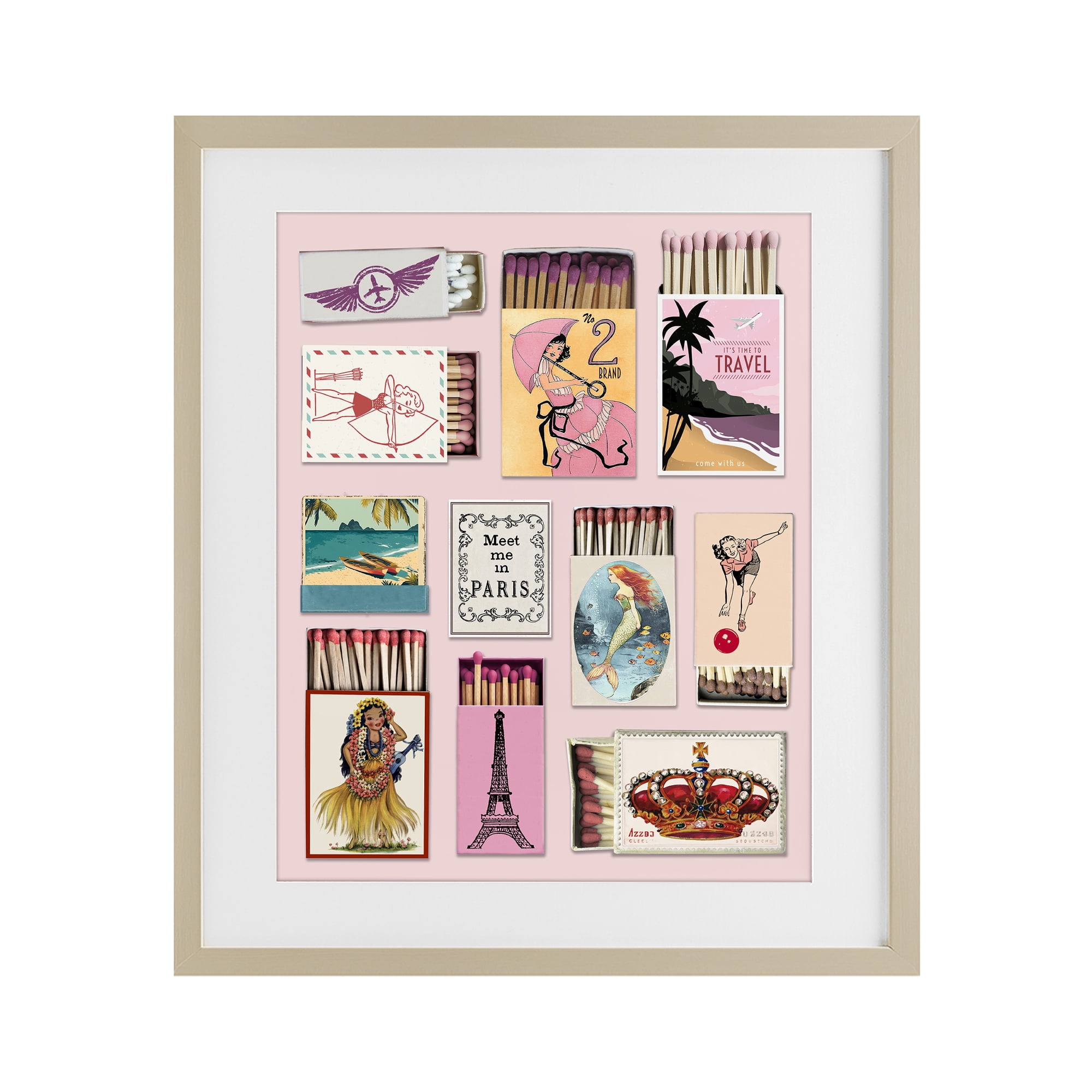 Stupell Industries Vintage Travel Matchbook Montage Birch Framed Print Under Glass, design by CAD Designs