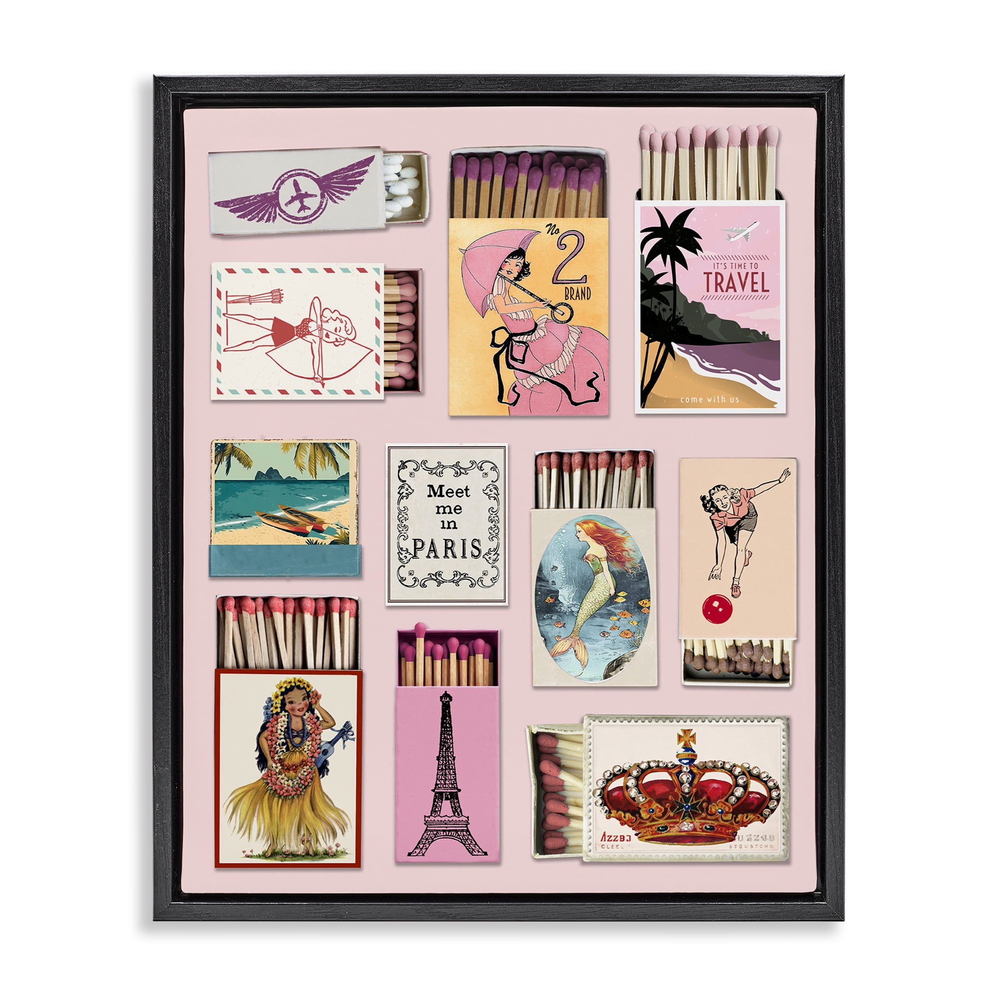Stupell Industries Vintage Travel Matchbook Montage Black Framed Floater Canvas Wall Art, design by CAD Designs