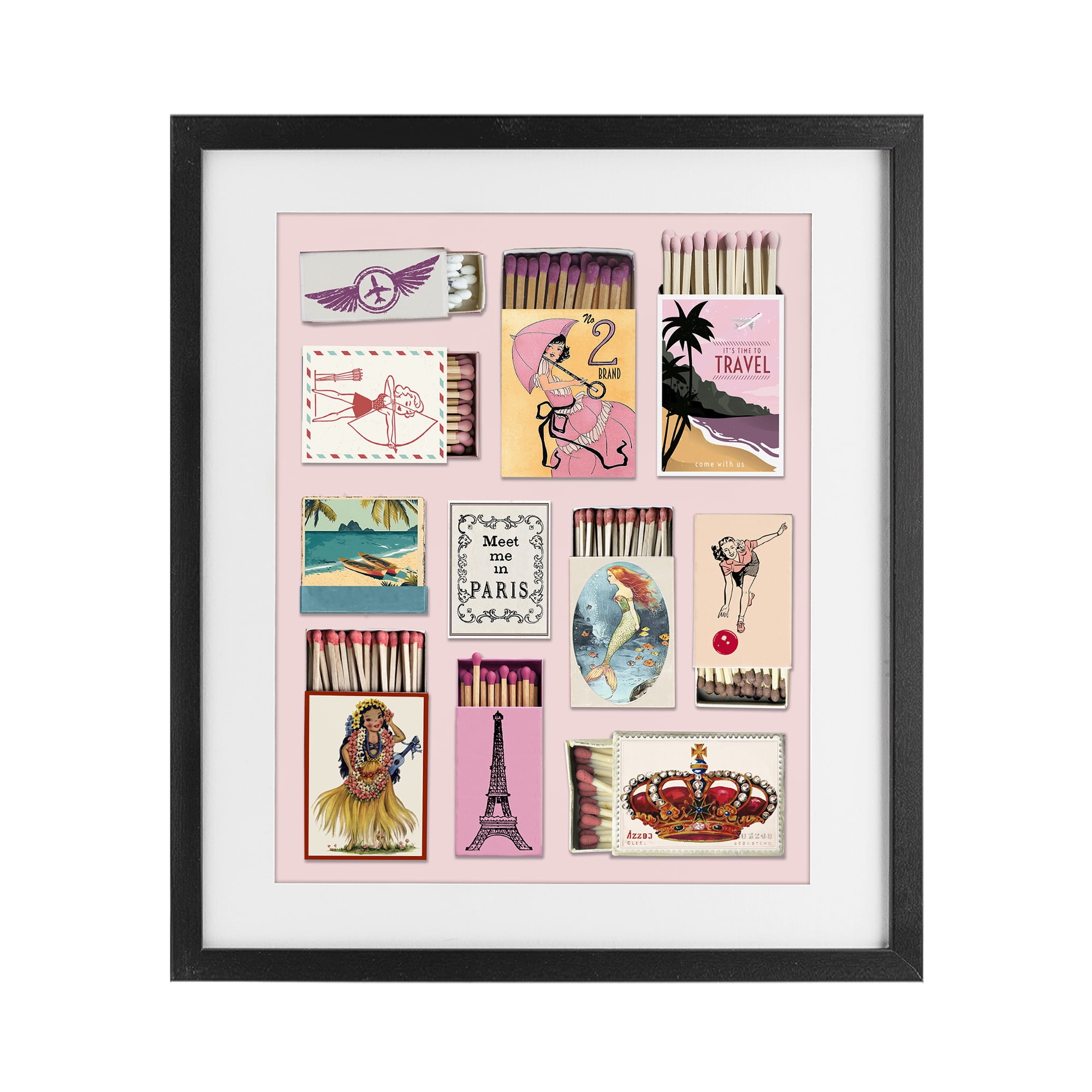 Stupell Industries Vintage Travel Matchbook Montage Black Framed Print Under Glass, design by CAD Designs