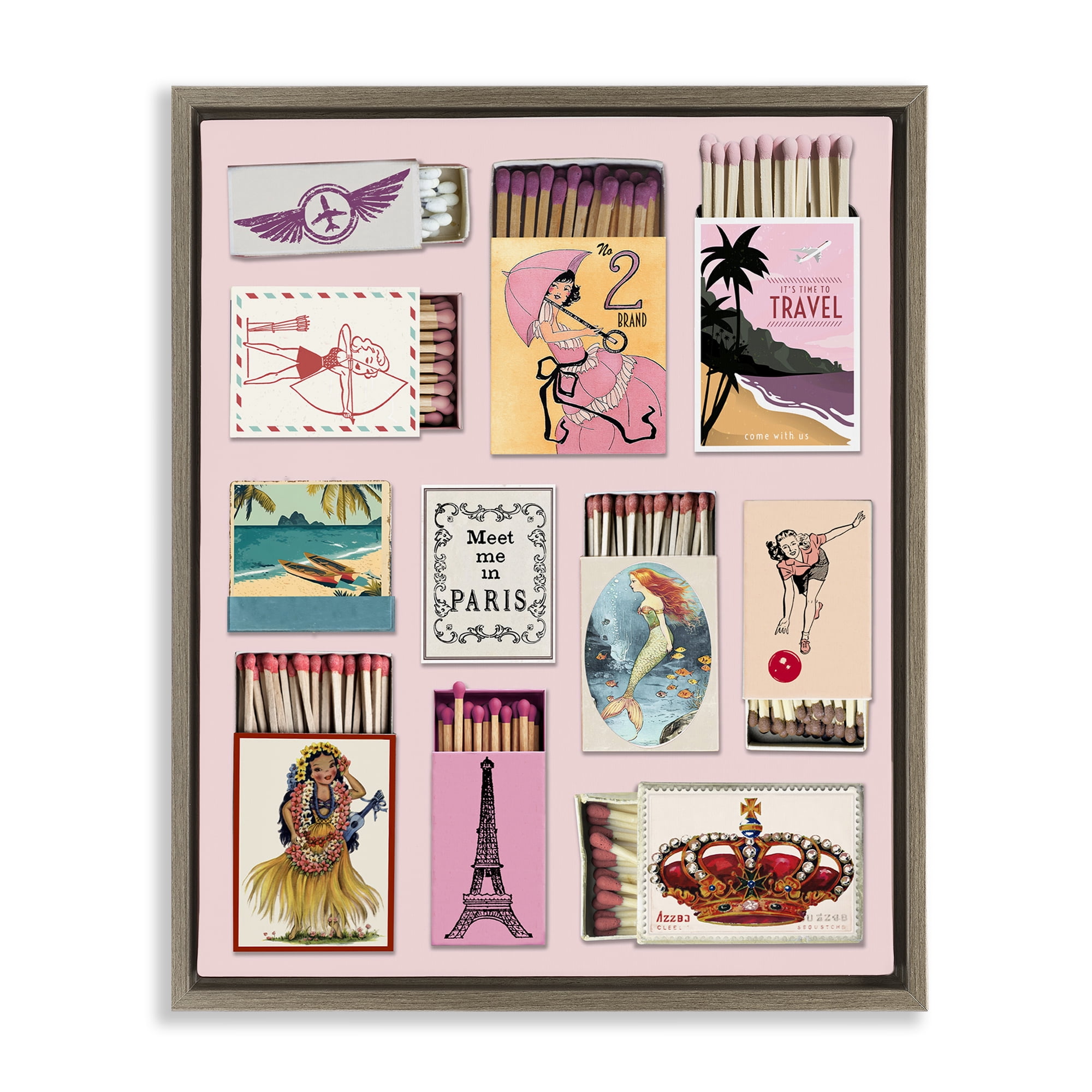 Stupell Industries Vintage Travel Matchbook Montage Brown Framed Floater Canvas Wall Art, design by CAD Designs