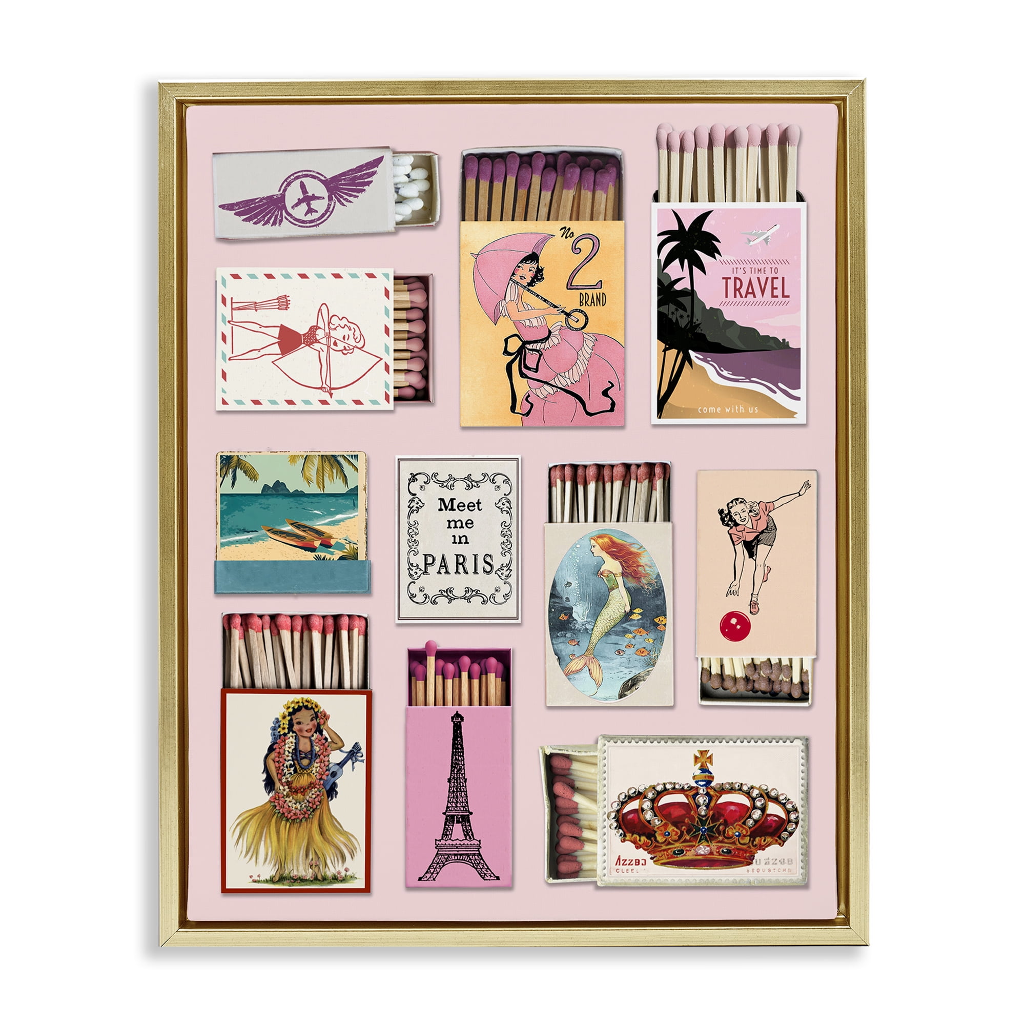 Stupell Industries Vintage Travel Matchbook Montage Gold Framed Floater Canvas Wall Art, design by CAD Designs