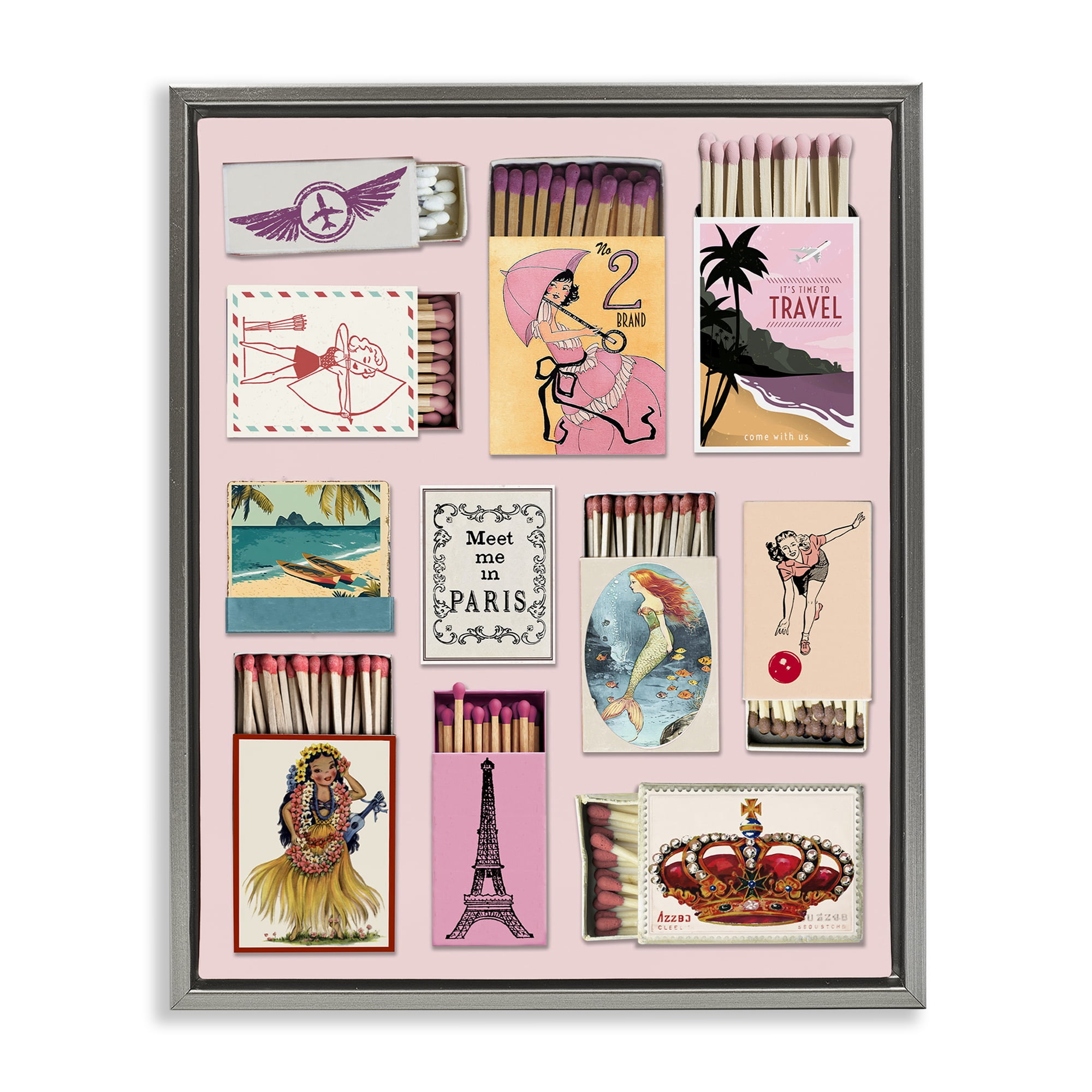 Stupell Industries Vintage Travel Matchbook Montage Gray Framed Floater Canvas Wall Art, design by CAD Designs