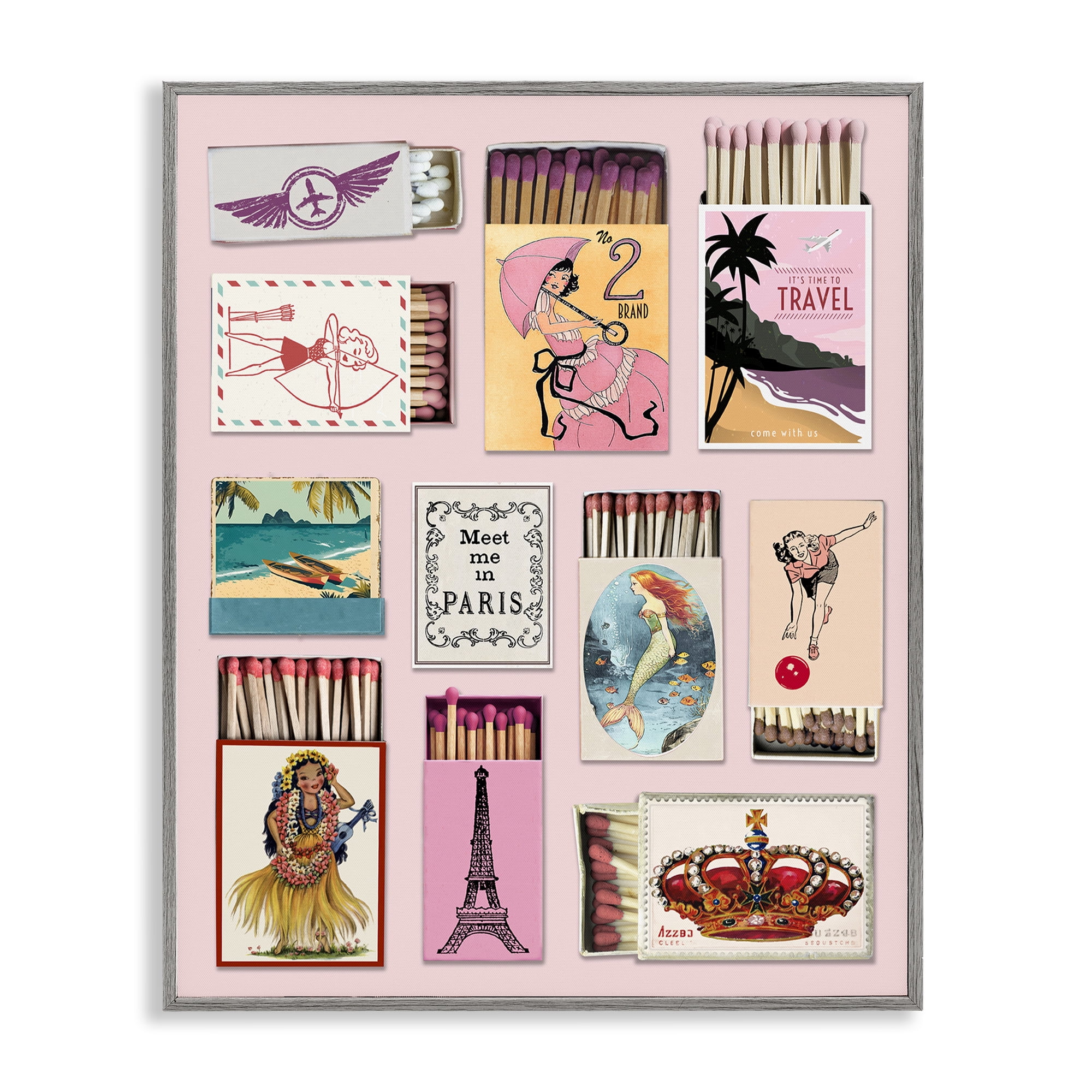 Stupell Industries Vintage Travel Matchbook Montage Gray Framed Giclee Art, design by CAD Designs