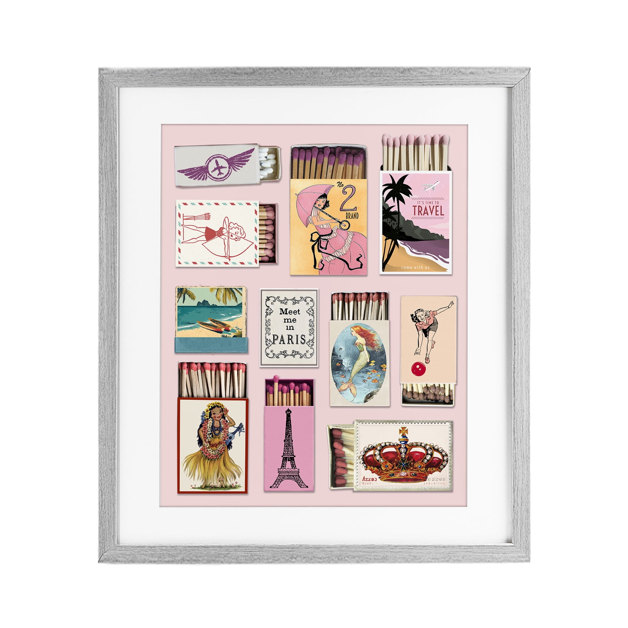 Stupell Industries Vintage Travel Matchbook Montage Gray Framed Print Under Glass, design by CAD Designs