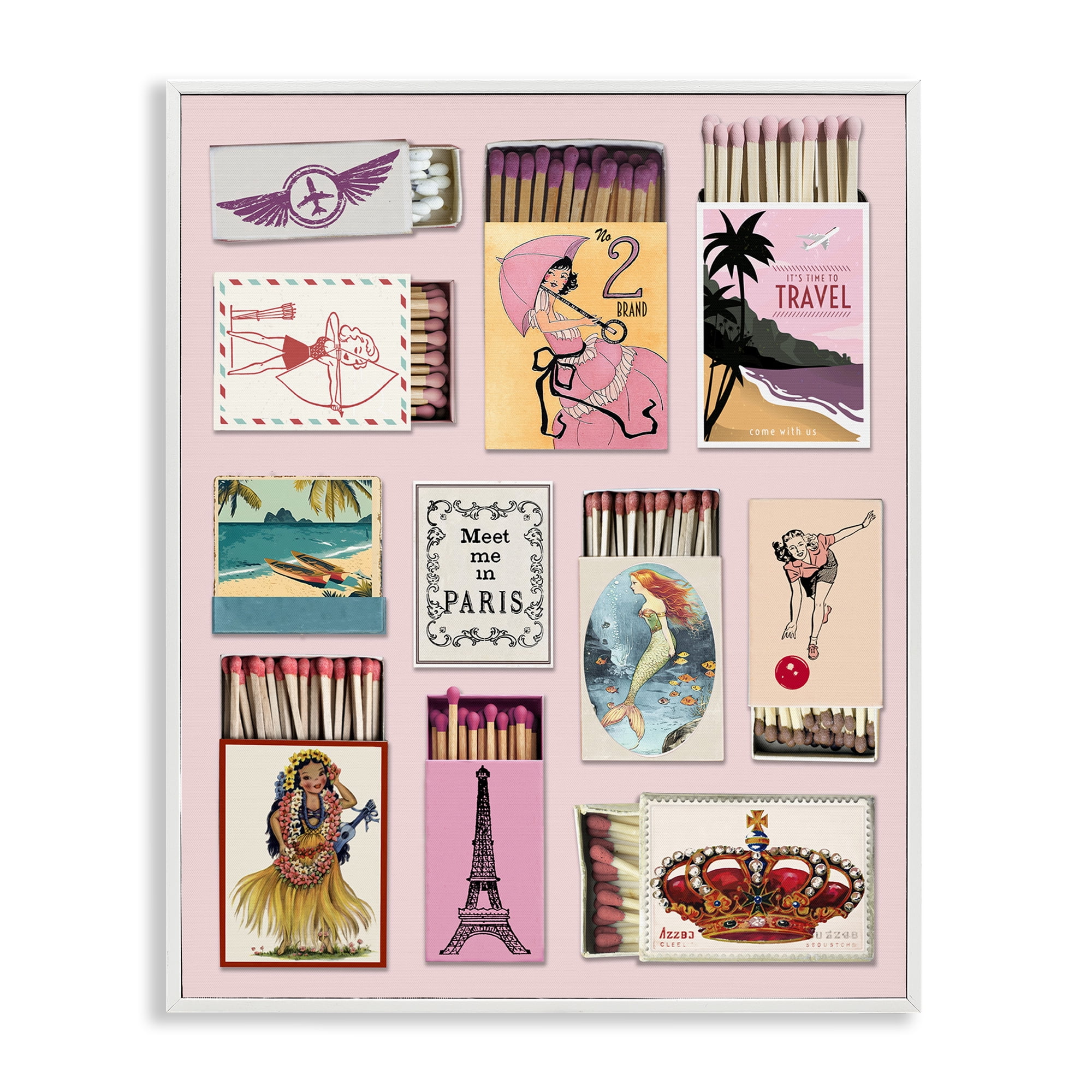 Stupell Industries Vintage Travel Matchbook Montage White Framed Giclee Art, design by CAD Designs