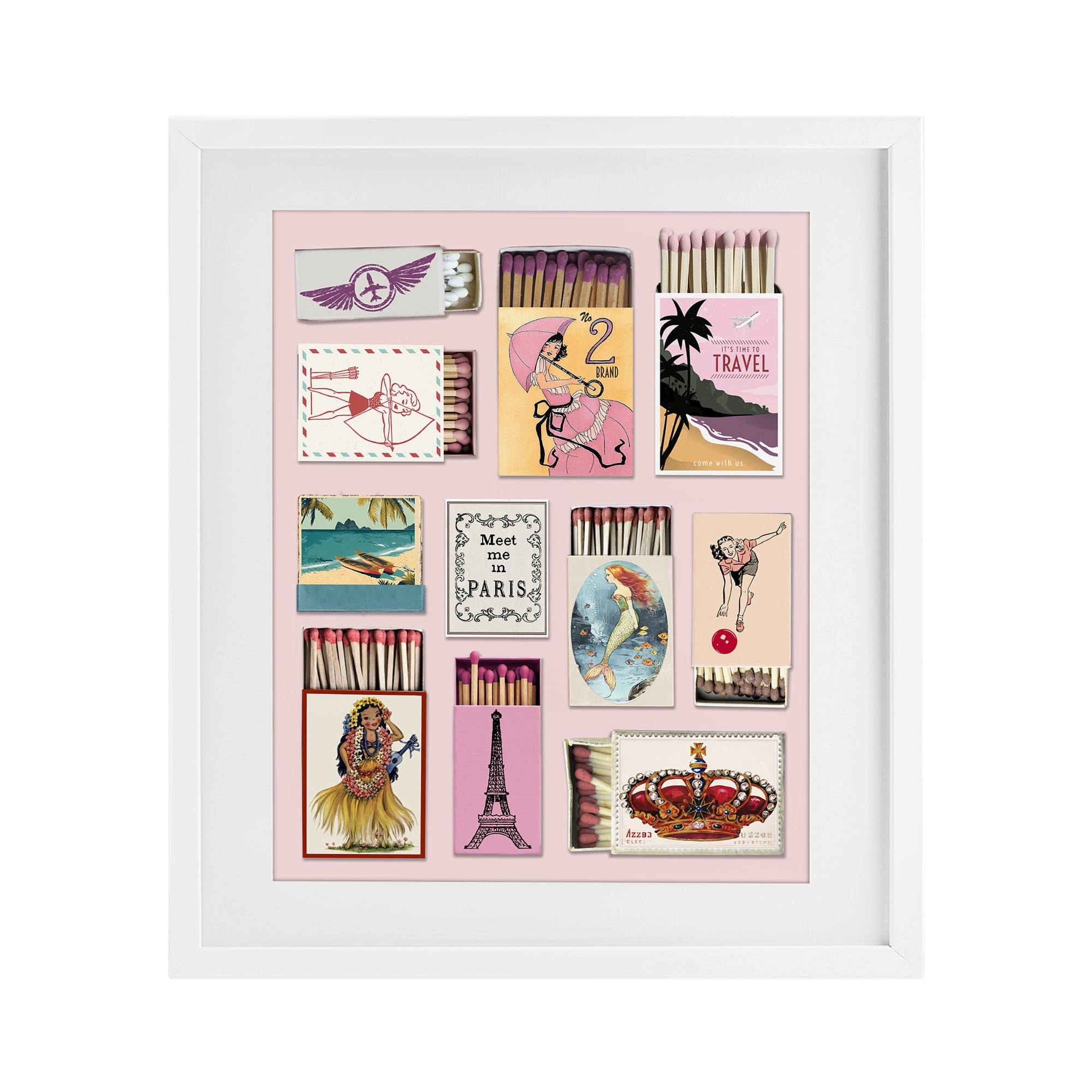 Stupell Industries Vintage Travel Matchbook Montage White Framed Print Under Glass, design by CAD Designs