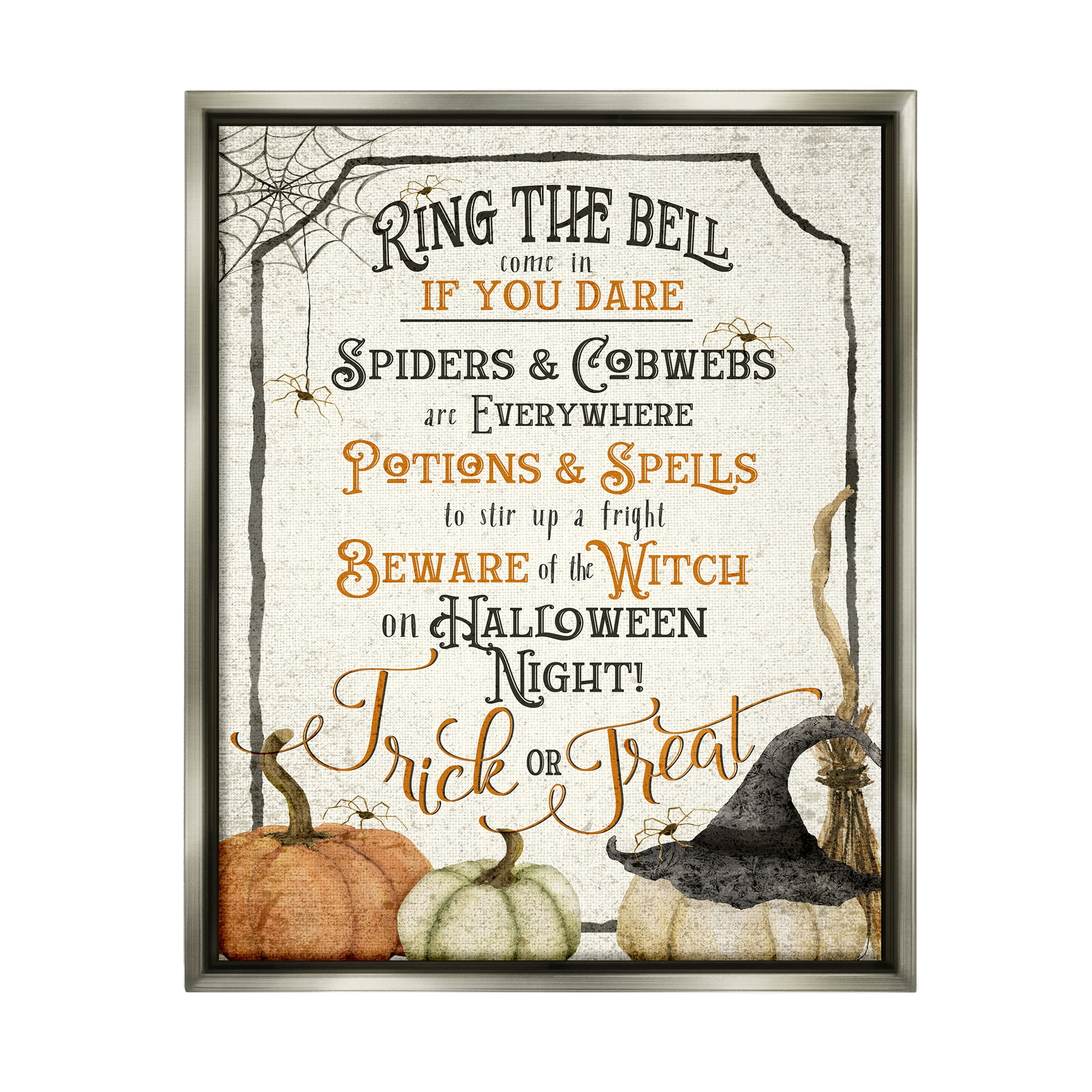 Stupell Industries Vintage Trick or Treat Sign Holiday Painting Gray Floater Framed Canvas Art Print Wall Art, 25 x 31